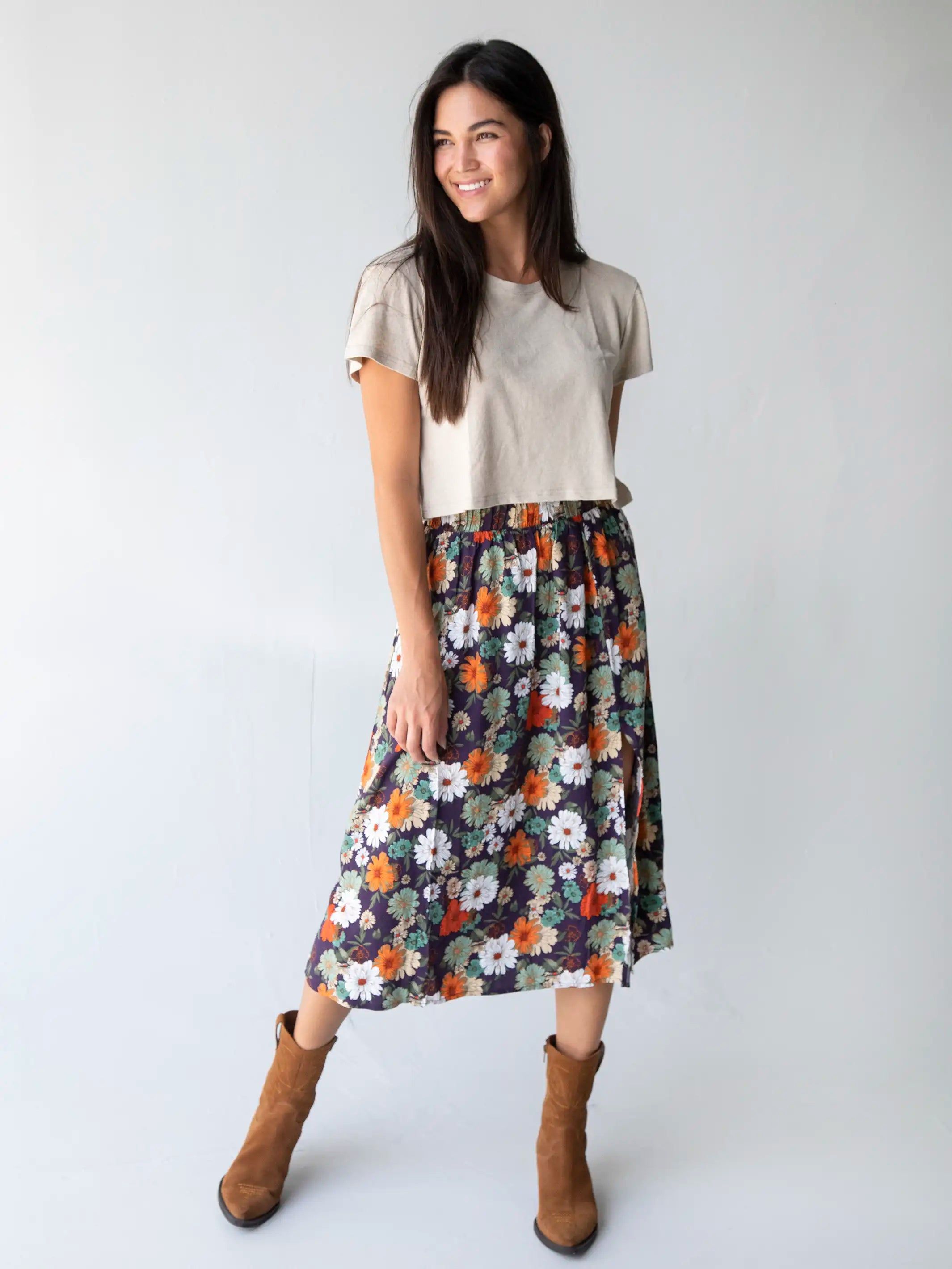 Betsy Midi Skirt - Orange Purple Daisies sold by NATURAL LIFE