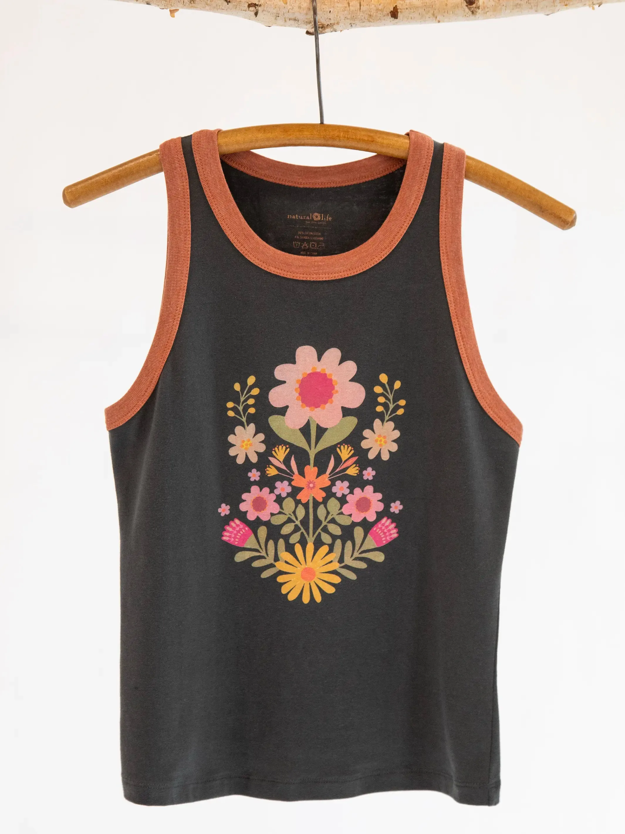 Ringer Tank Top - Charcoal Folk Flower sold by NATURAL LIFE