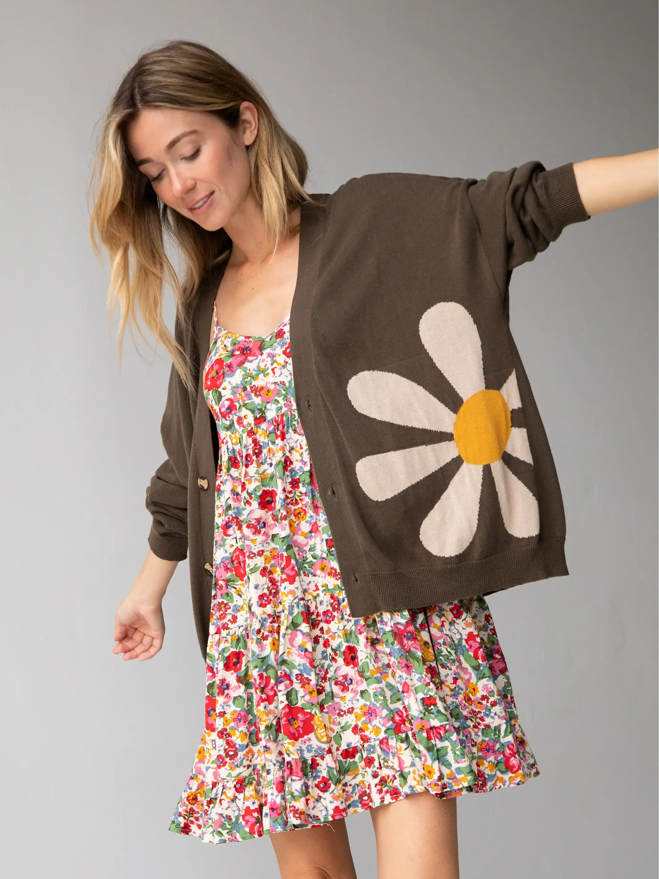 Live Happy Cotton Cardigan Sweater - Olive Daisy sold by NATURAL LIFE product image thumbnail 2