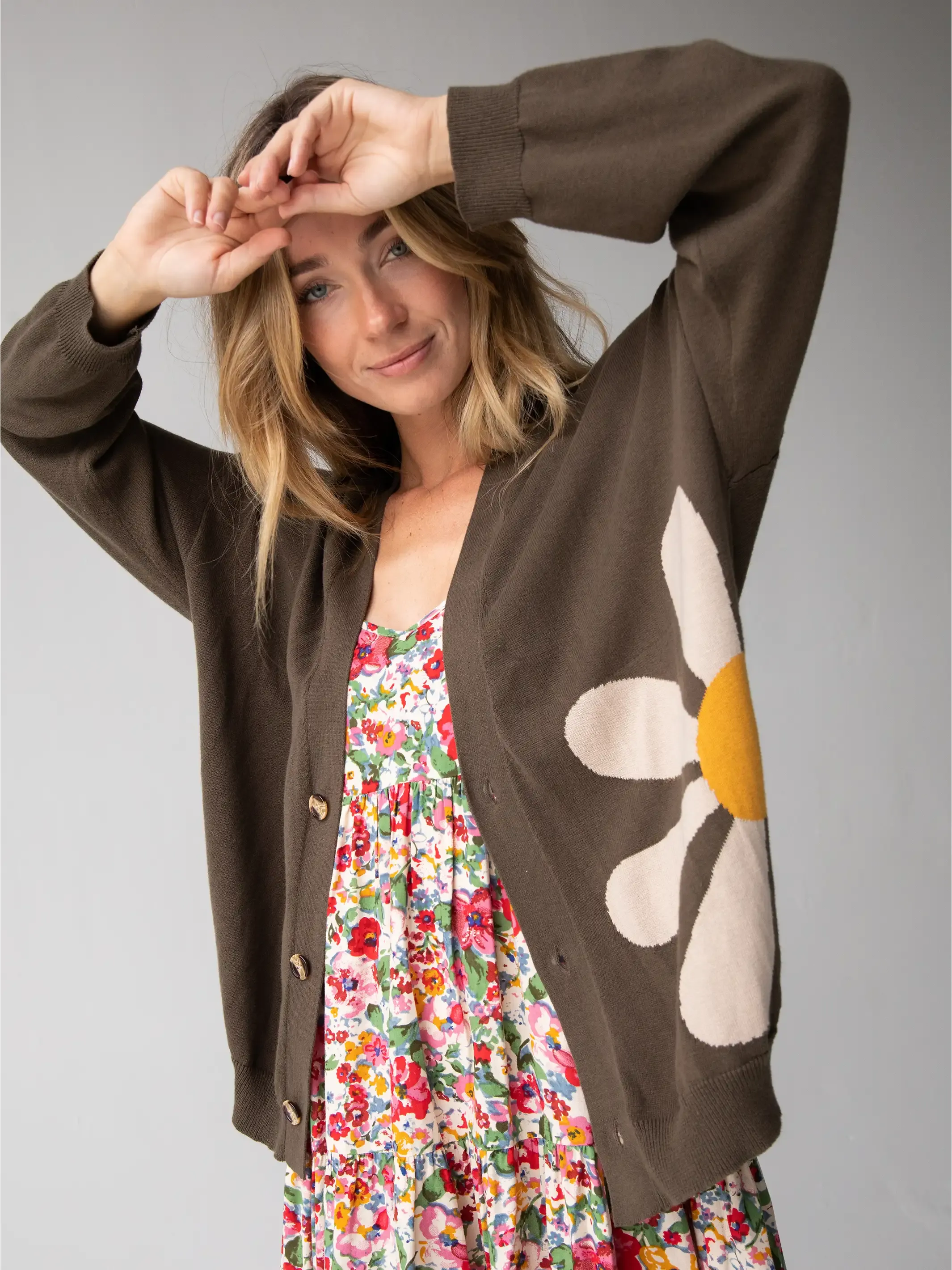 Live Happy Cotton Cardigan Sweater - Olive Daisy sold by NATURAL LIFE product image thumbnail 3