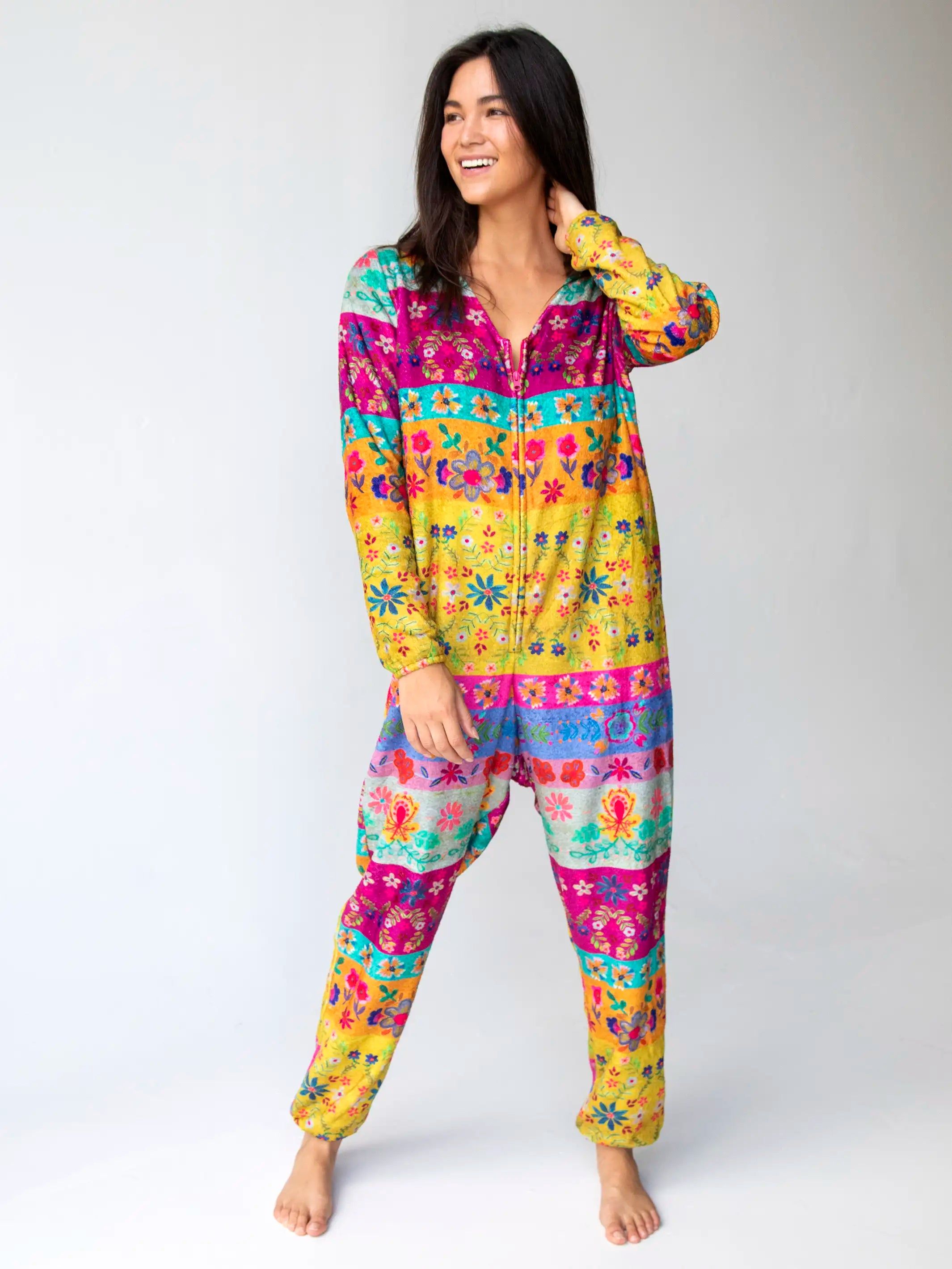 Fleece Onesie Pajamas - Taupe Floral Border sold by NATURAL LIFE