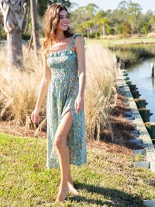 Megan Smocked Midi Dress - Green Blue Floral sold by NATURAL LIFE