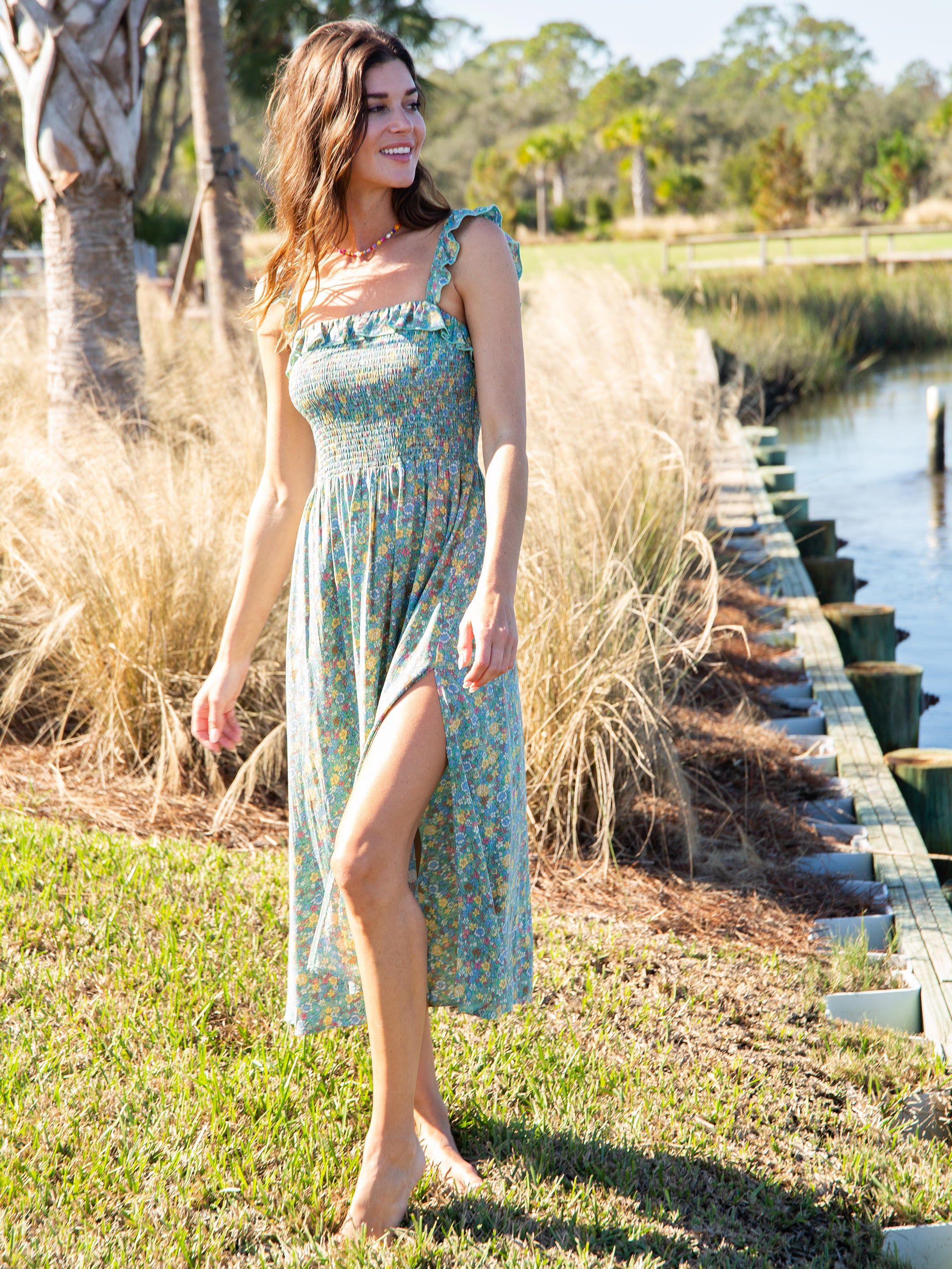 Megan Smocked Midi Dress - Green Blue Floral sold by NATURAL LIFE product image thumbnail 2