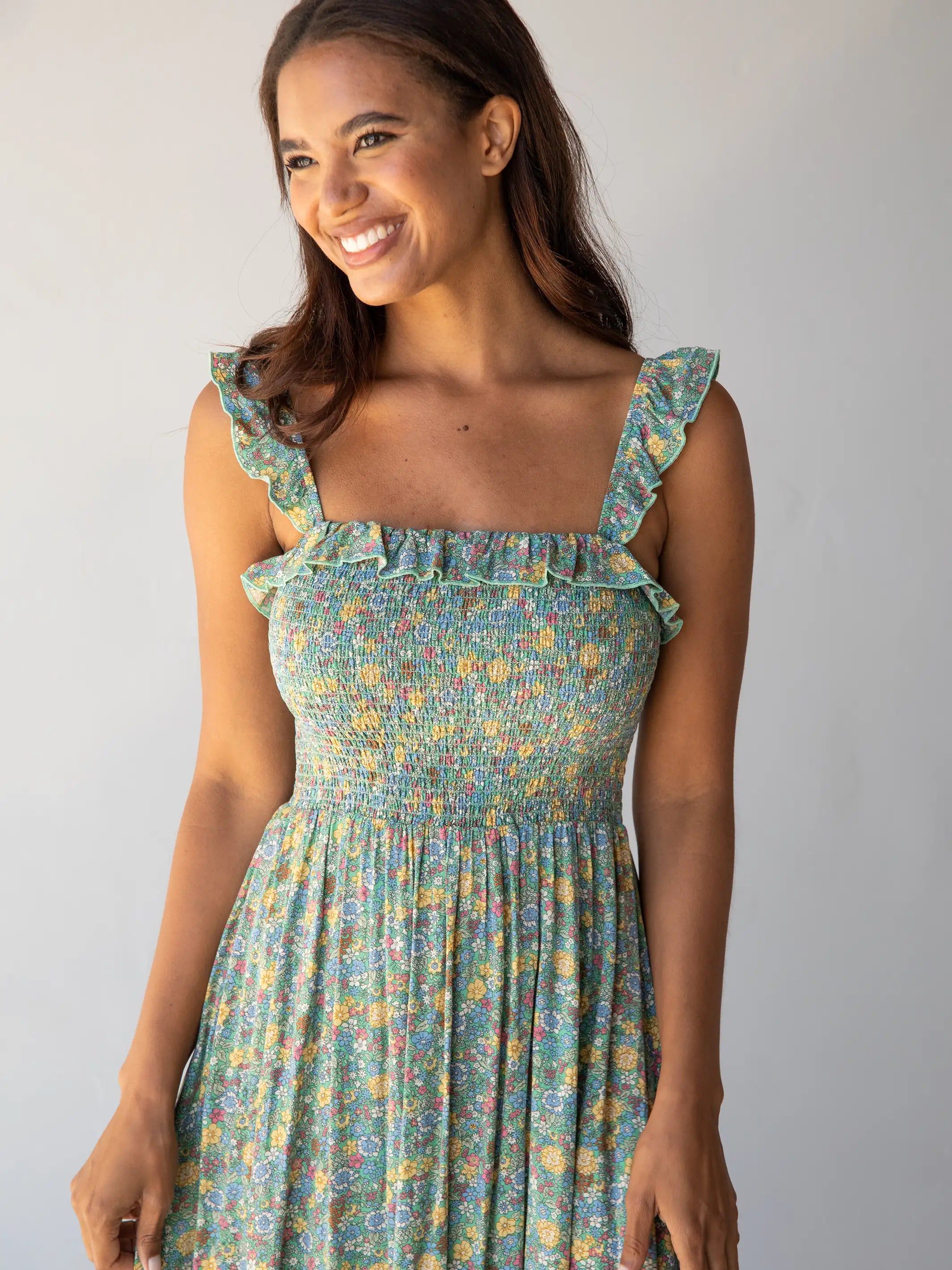 Megan Smocked Midi Dress - Green Blue Floral sold by NATURAL LIFE