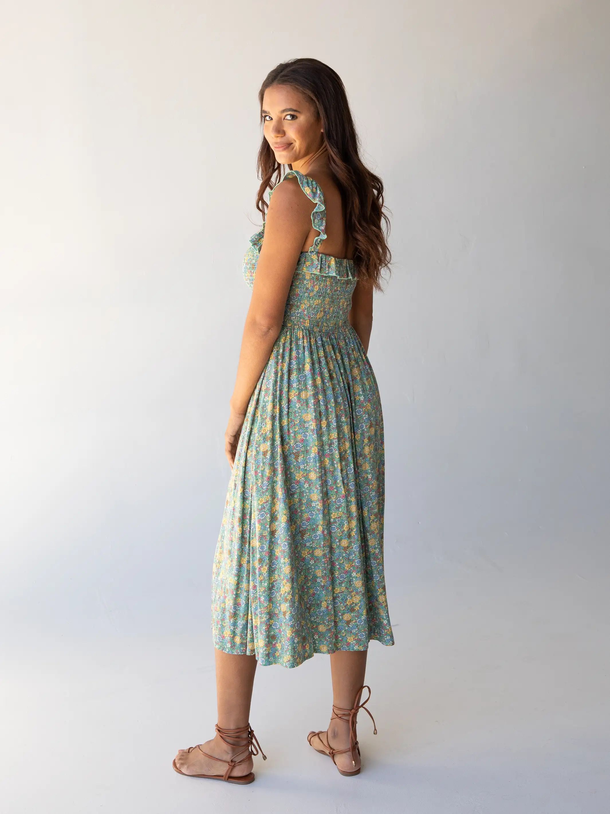 Megan Smocked Midi Dress - Green Blue Floral sold by NATURAL LIFE product image thumbnail 3