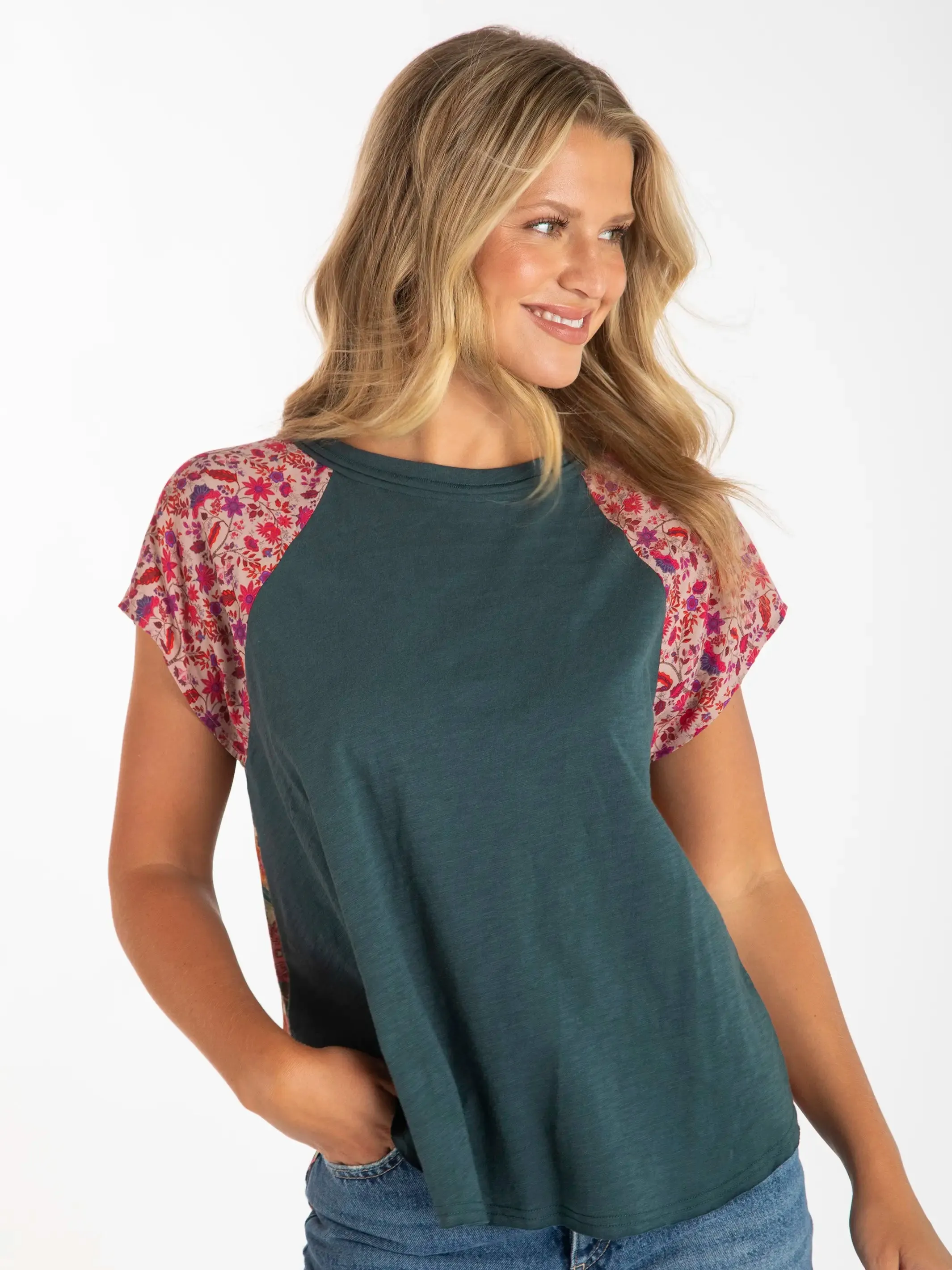 Daphne Mixed Print Top - Tan Magenta Mixed Floral sold by NATURAL LIFE product image thumbnail 2