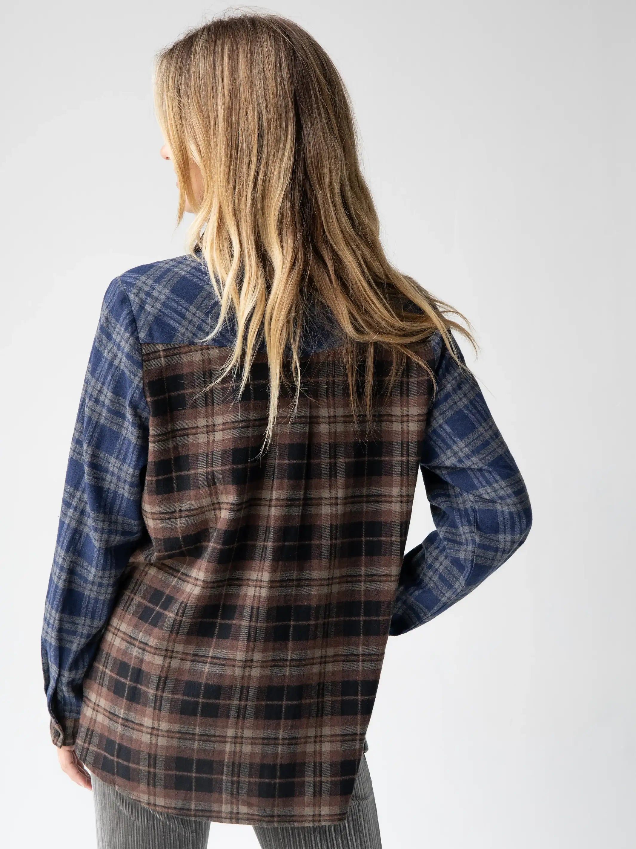 Oversized Flannel Button Down - Blue Brown Plaid sold by NATURAL LIFE product image thumbnail 2