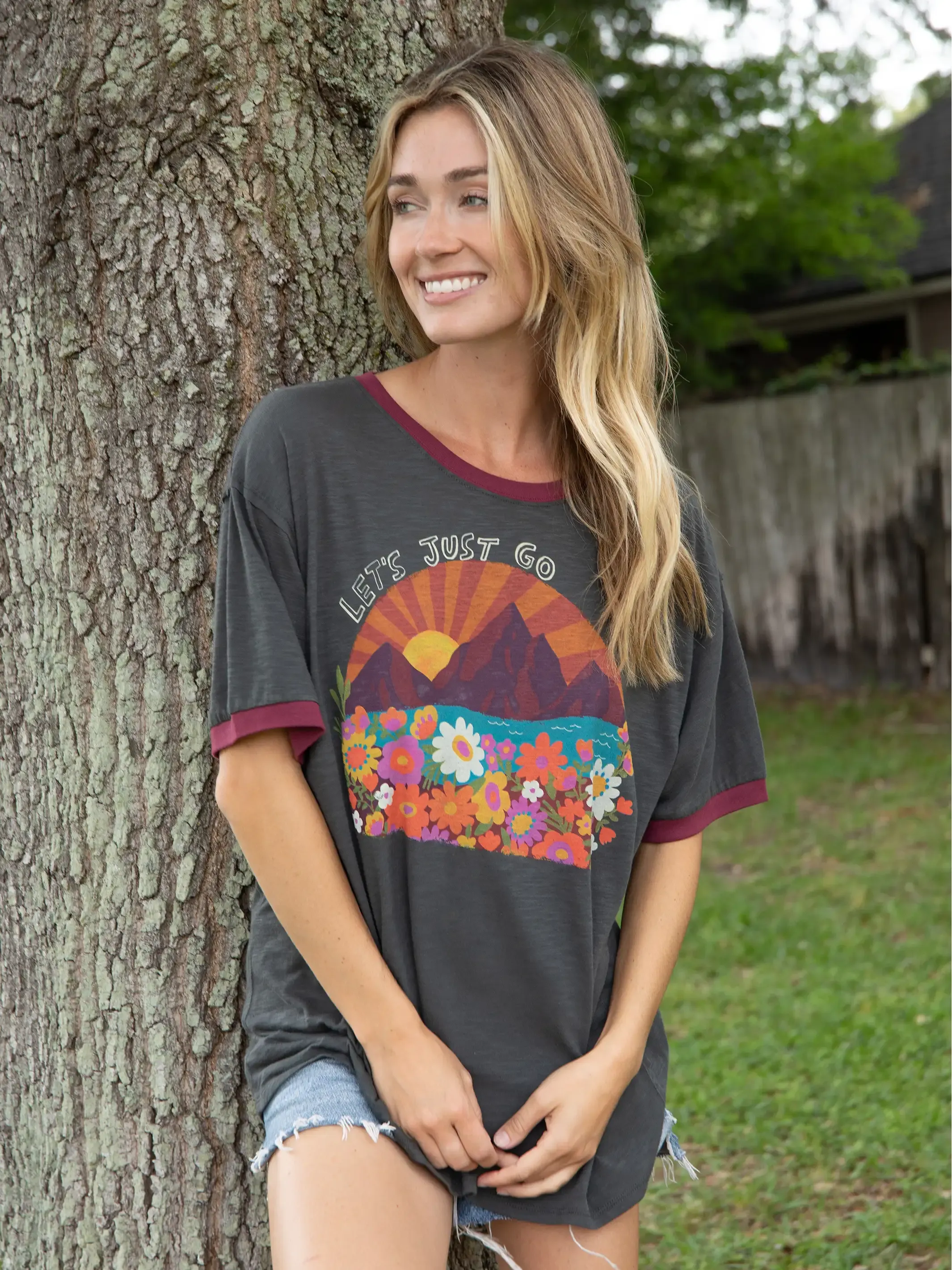 Ringer Oversized Tee Shirt - Let's Just Go sold by NATURAL LIFE