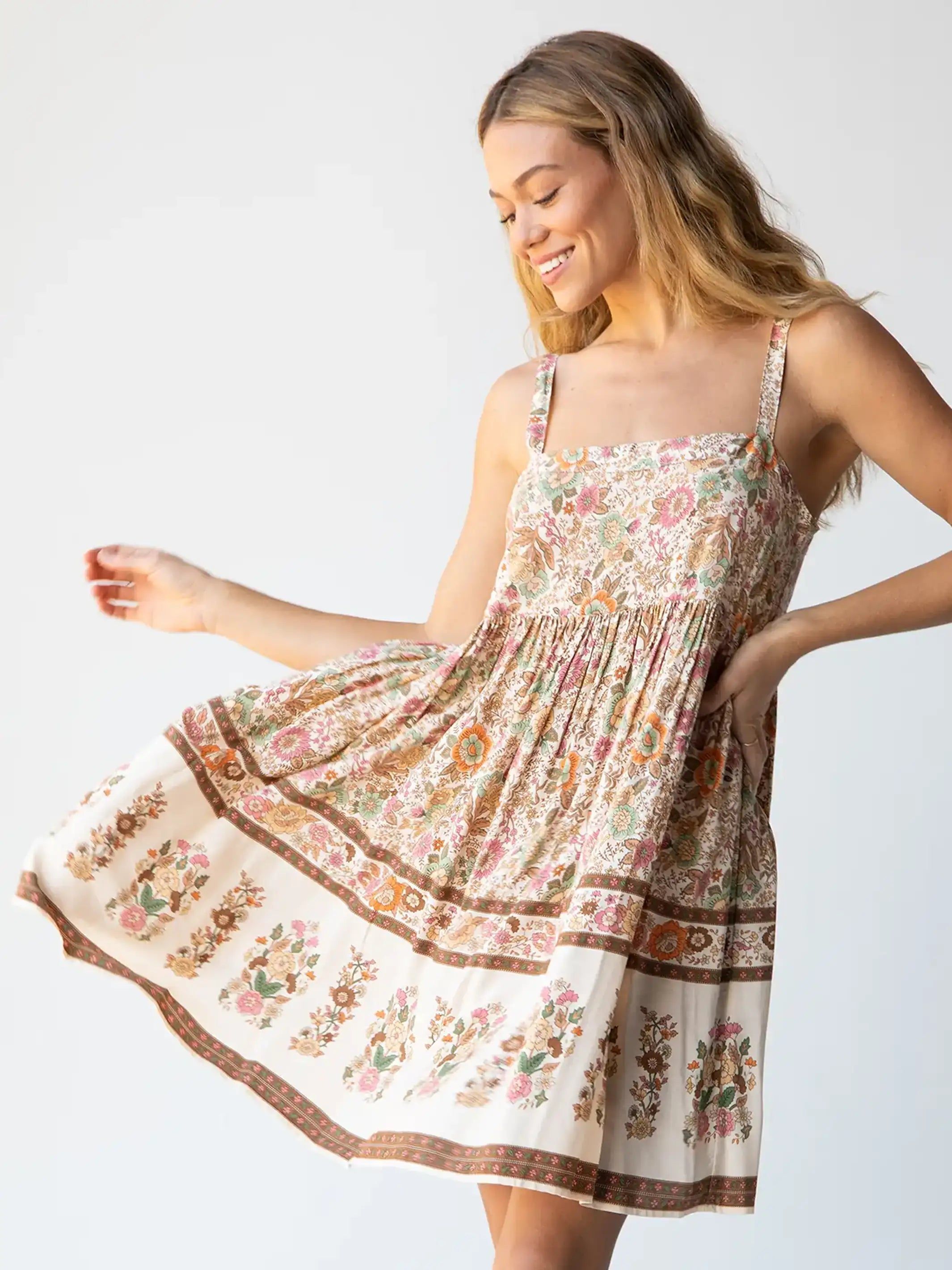 Patti Dress - Cream Pink Border sold by NATURAL LIFE