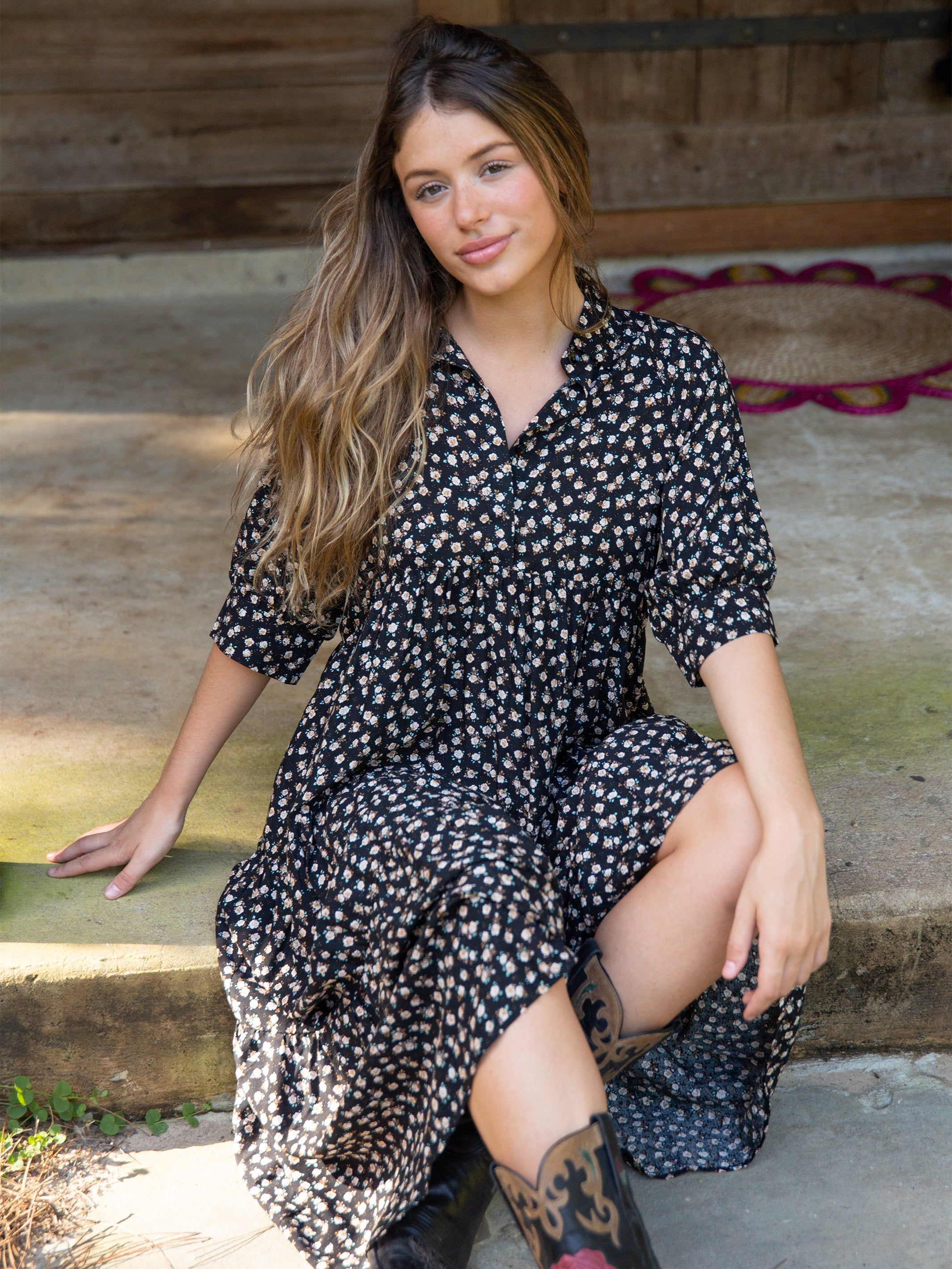 Rebecca Tiered Dress - Black Cream Roses sold by NATURAL LIFE product image thumbnail 3