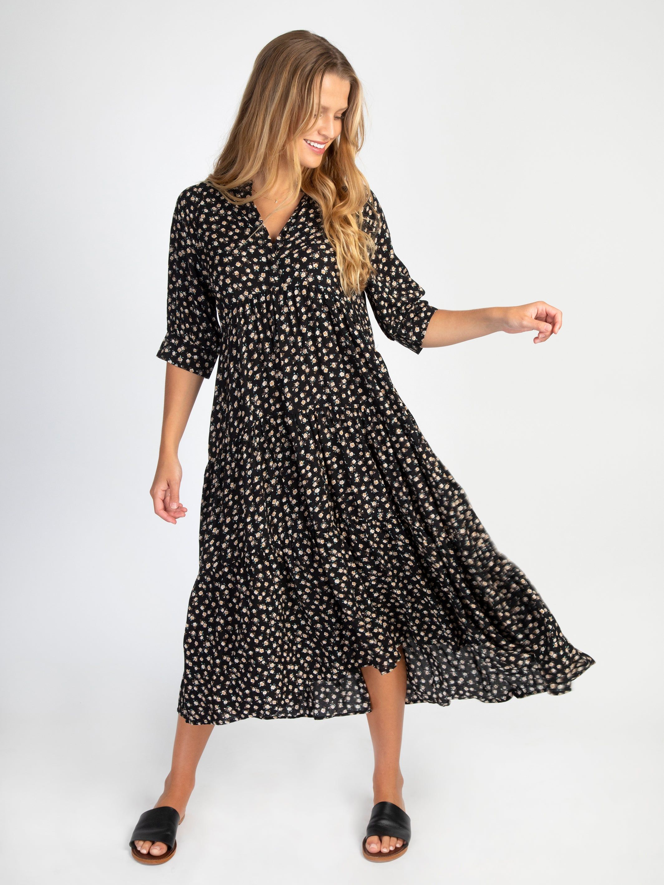 Rebecca Tiered Dress - Black Cream Roses sold by NATURAL LIFE product image thumbnail 2