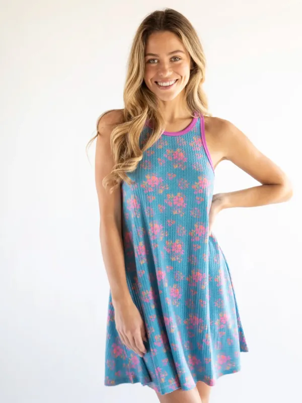Mix & Match Waffle Nightgown - Turquoise Pink Mustard Floral made by NATURAL LIFE