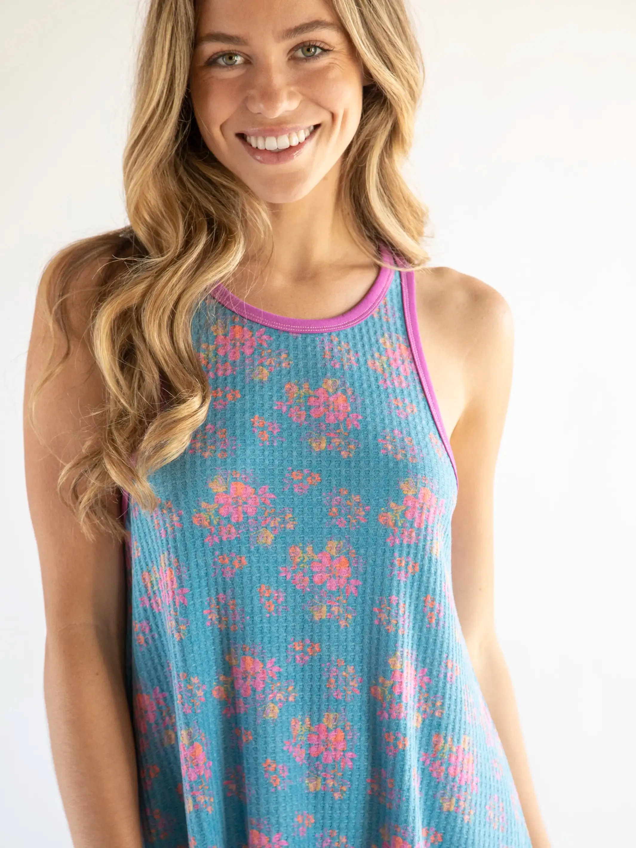Mix & Match Waffle Nightgown - Turquoise Pink Mustard Floral sold by NATURAL LIFE product image thumbnail 2
