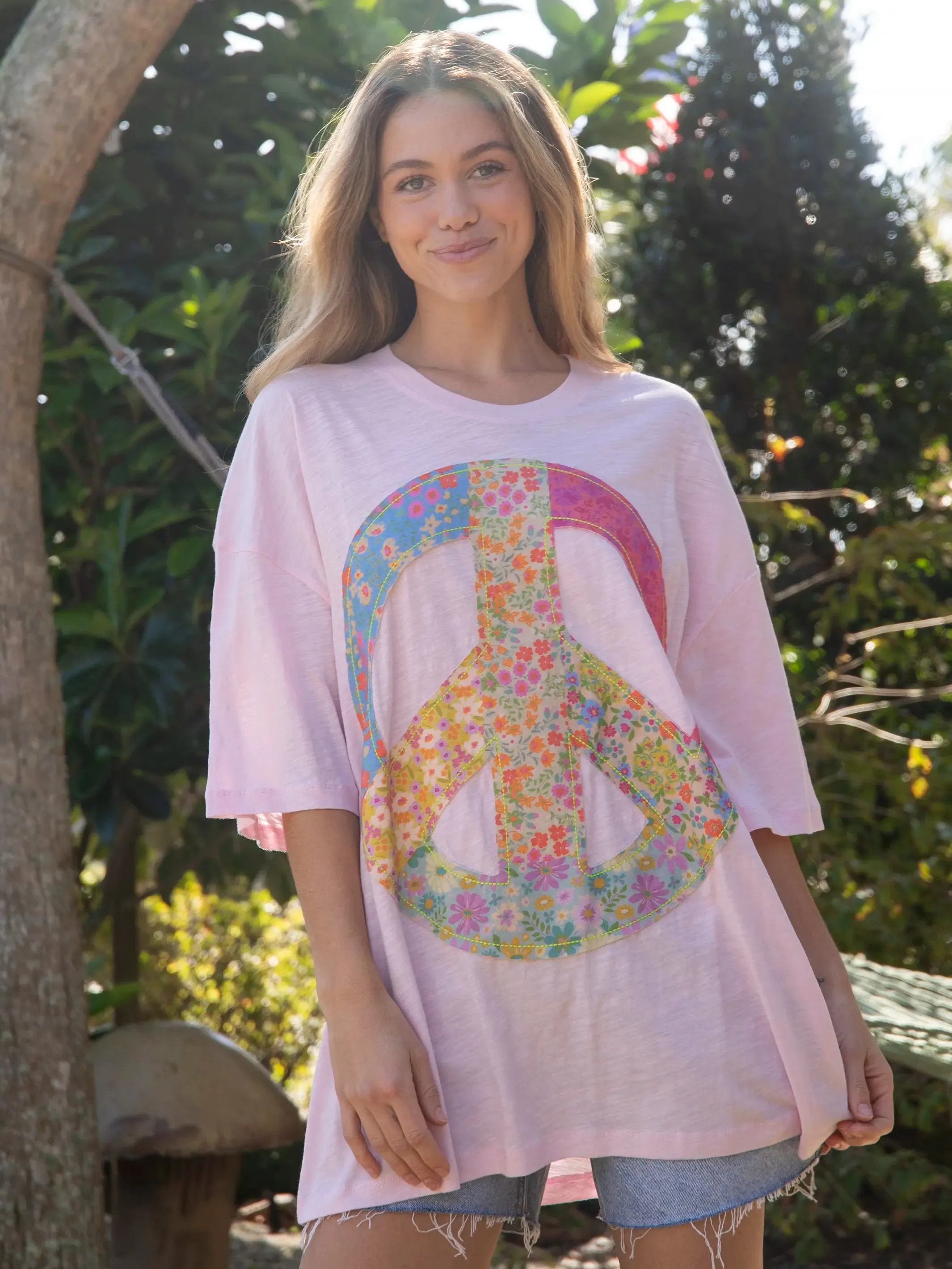 Oversized Cotton Applique Tee - Light Pink Peace Sign sold by NATURAL LIFE product image thumbnail 2