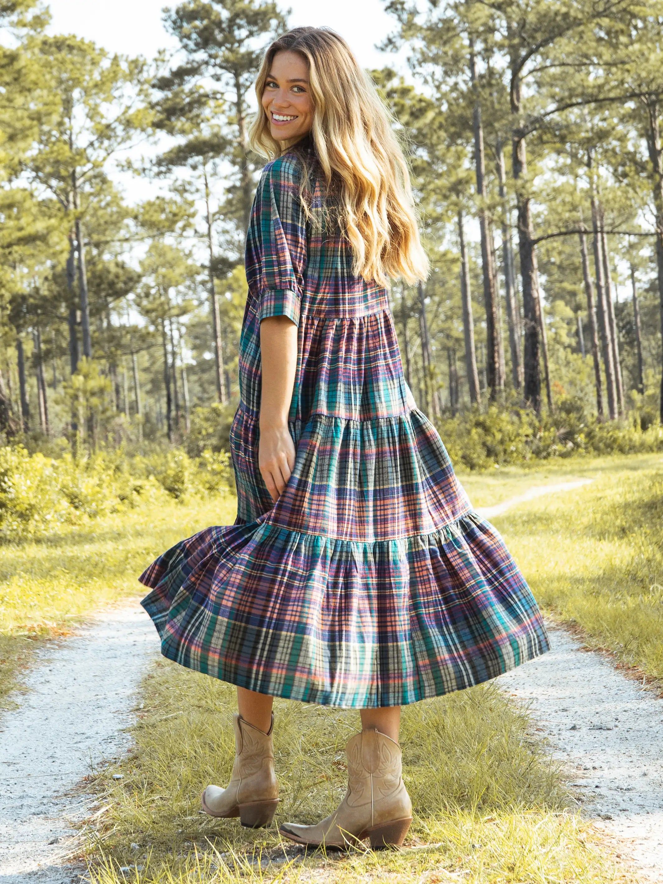 Rebecca Tiered Midi Dress - Rainbow Plaid Flannel sold by NATURAL LIFE product image thumbnail 3