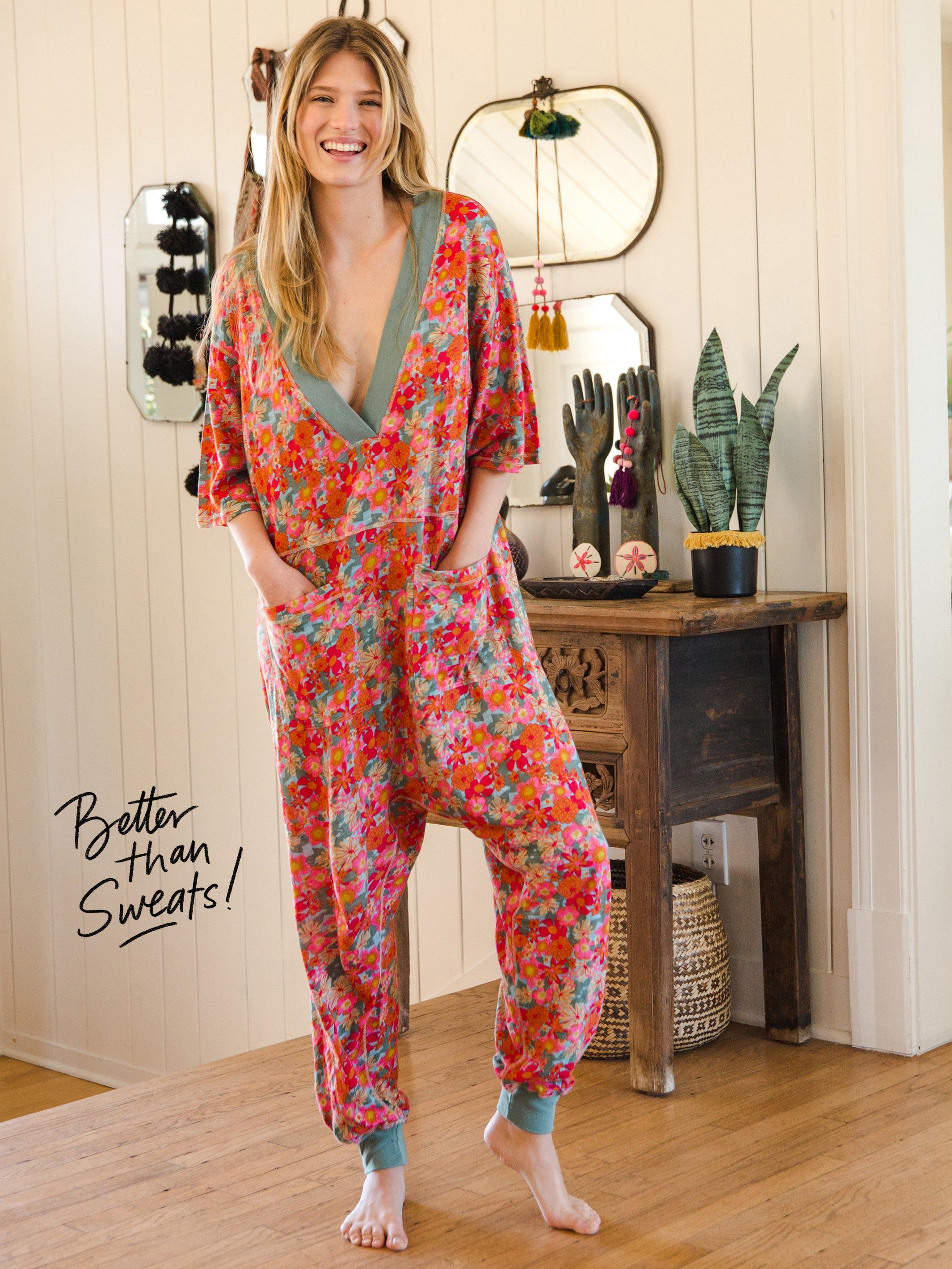 Charlie V-Neck Jumpsuit - Bright Pink Floral sold by NATURAL LIFE
