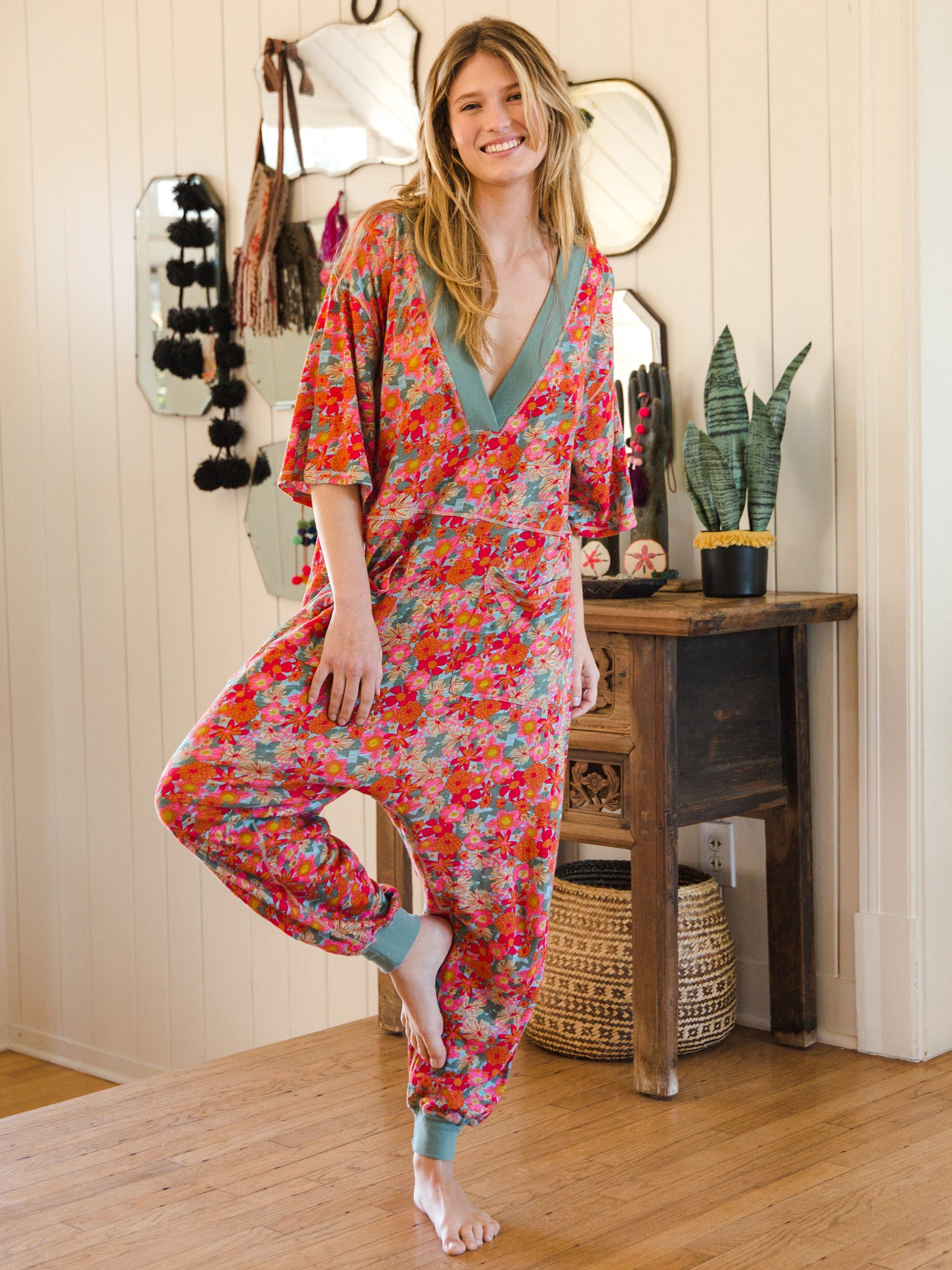 Charlie V-Neck Jumpsuit - Bright Pink Floral sold by NATURAL LIFE product image thumbnail 3