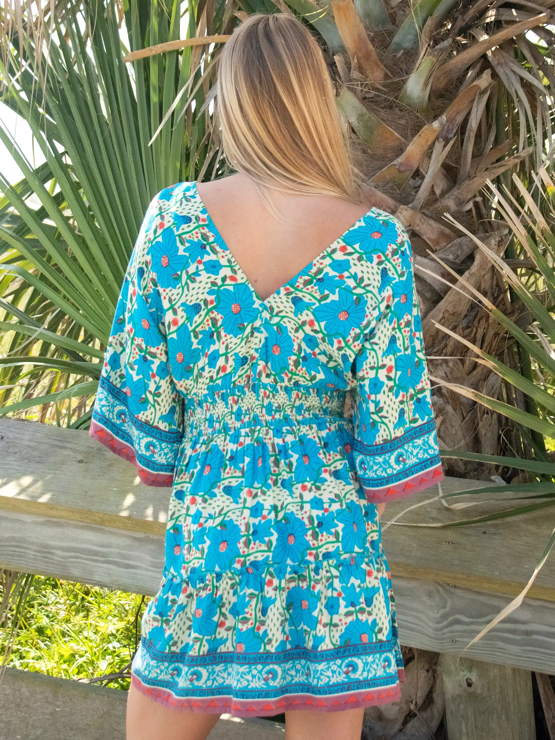 Celia Mini Dress - Cream Blue Floral Border sold by NATURAL LIFE product image thumbnail 3