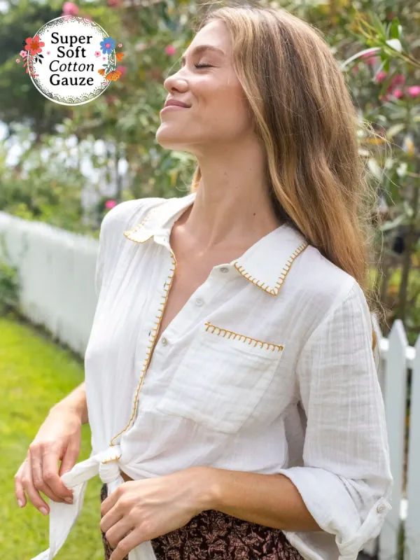 Lola Tie Cotton Button Down - White sold by NATURAL LIFE