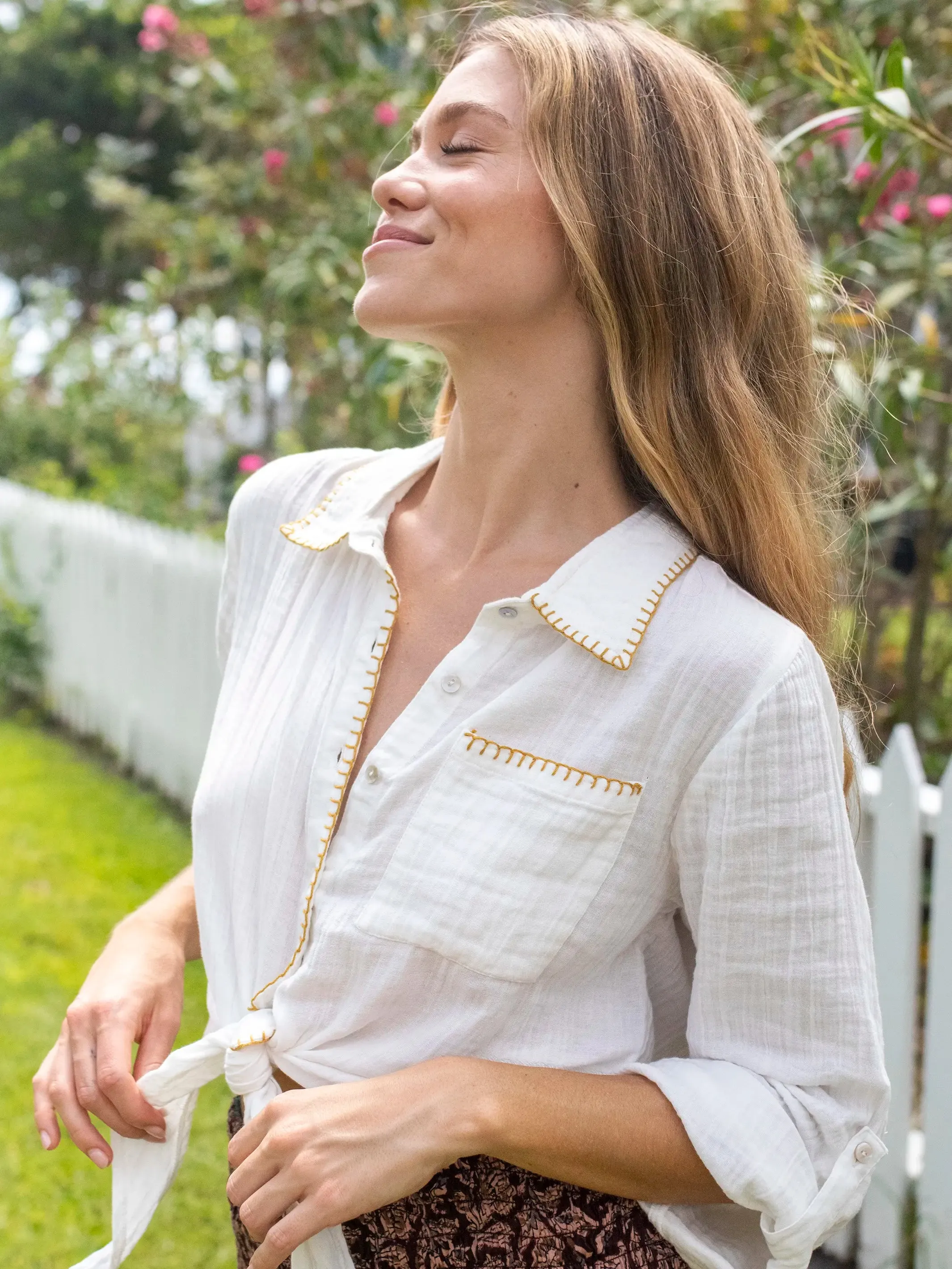 Lola Tie Button Down - White sold by NATURAL LIFE