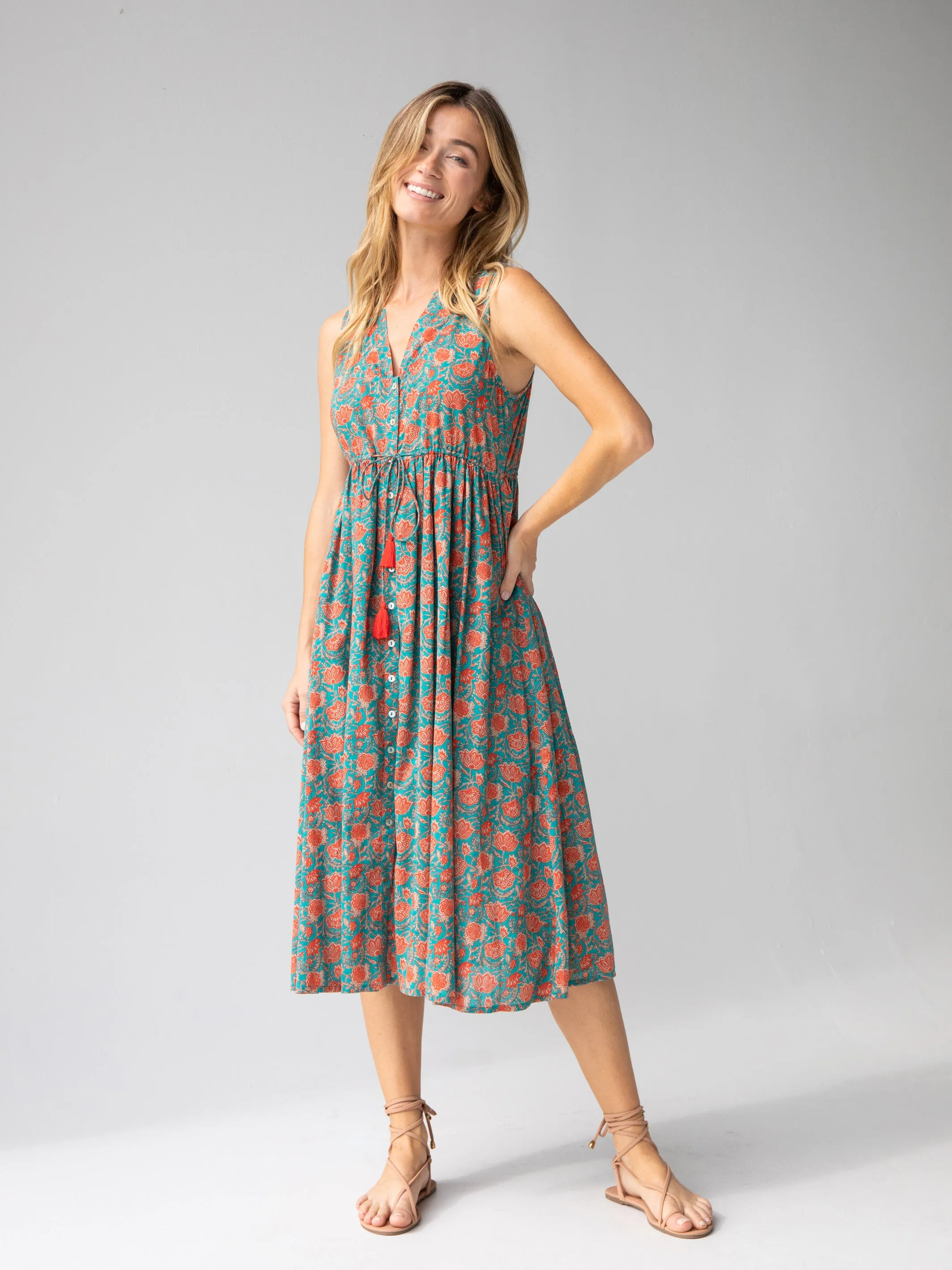 Amelia Sleeveless Shirt Dress - Turquoise Vines sold by NATURAL LIFE