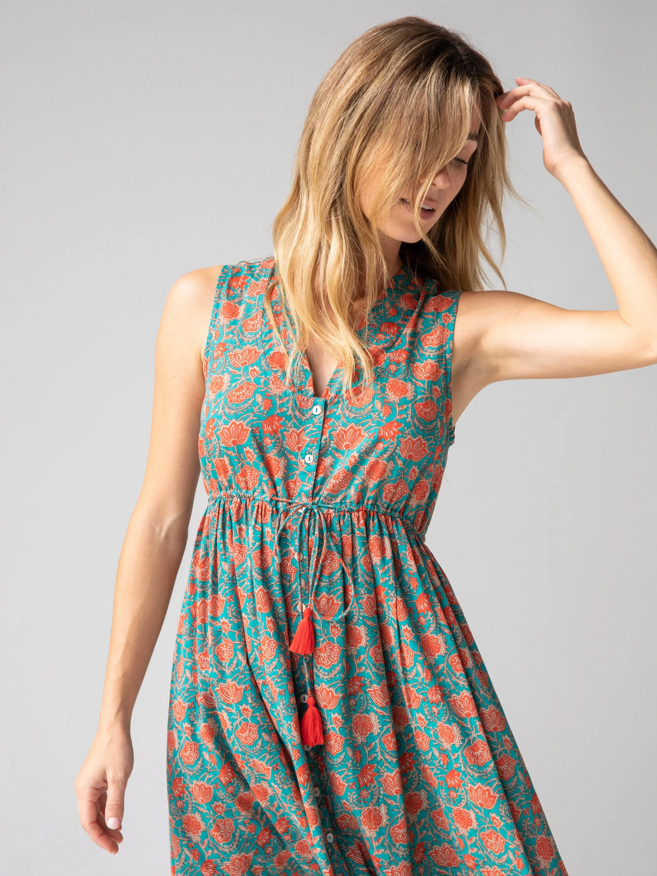 Amelia Sleeveless Shirt Dress - Turquoise Vines sold by NATURAL LIFE product image thumbnail 2