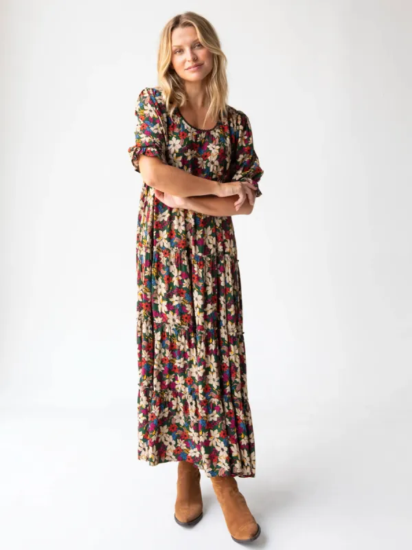 Collette Tiered Maxi Dress - Green White Lilies sold by NATURAL LIFE