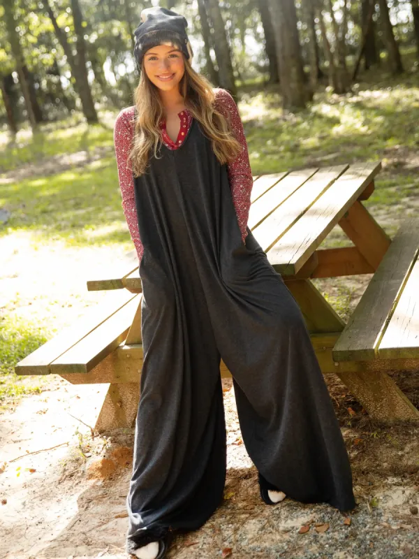 Knit V-Neck Jumpsuit - Charcoal sold by NATURAL LIFE