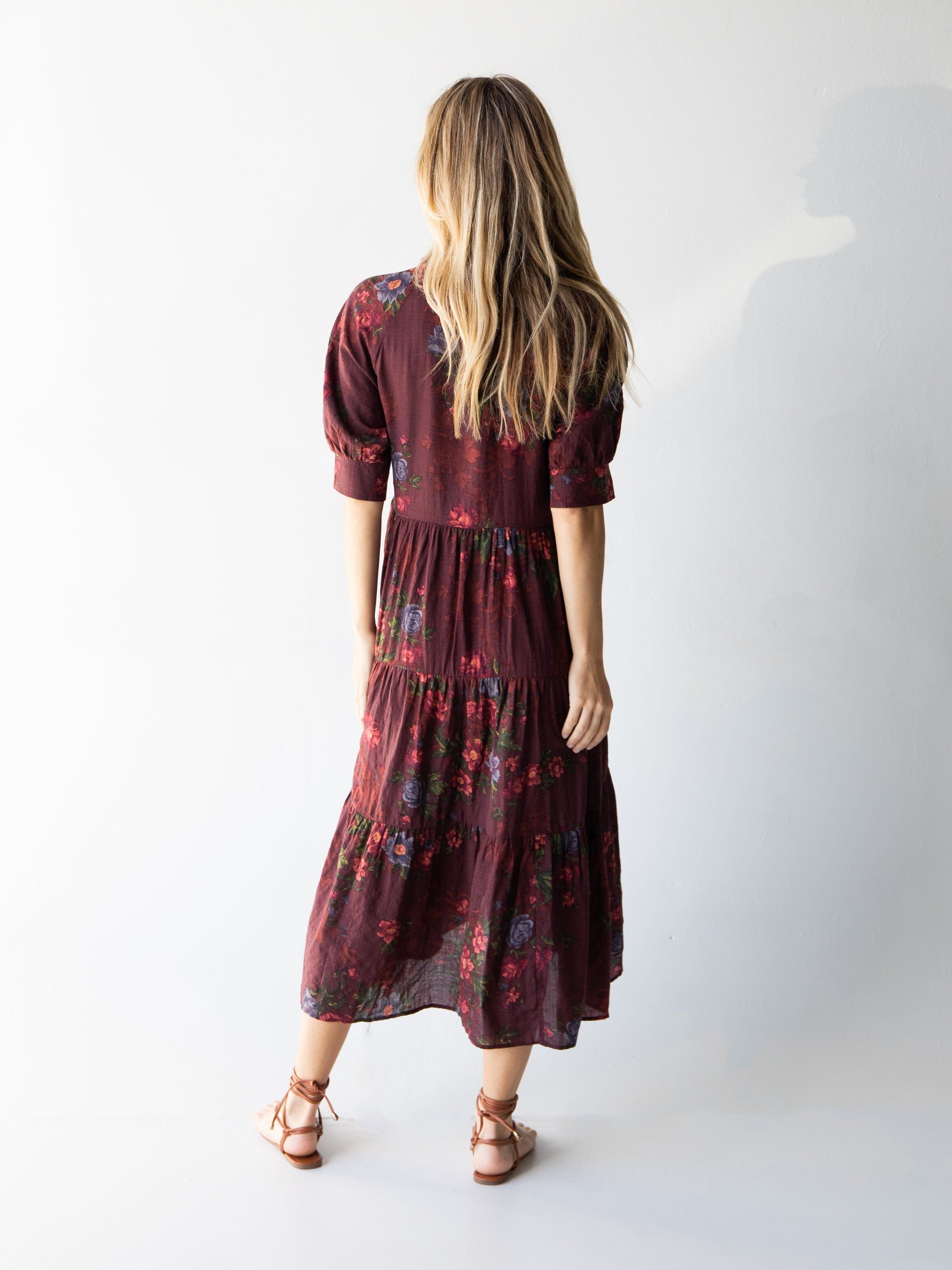 Rebecca Tiered Midi Dress - Cotton Burgundy Floral sold by NATURAL LIFE product image thumbnail 4