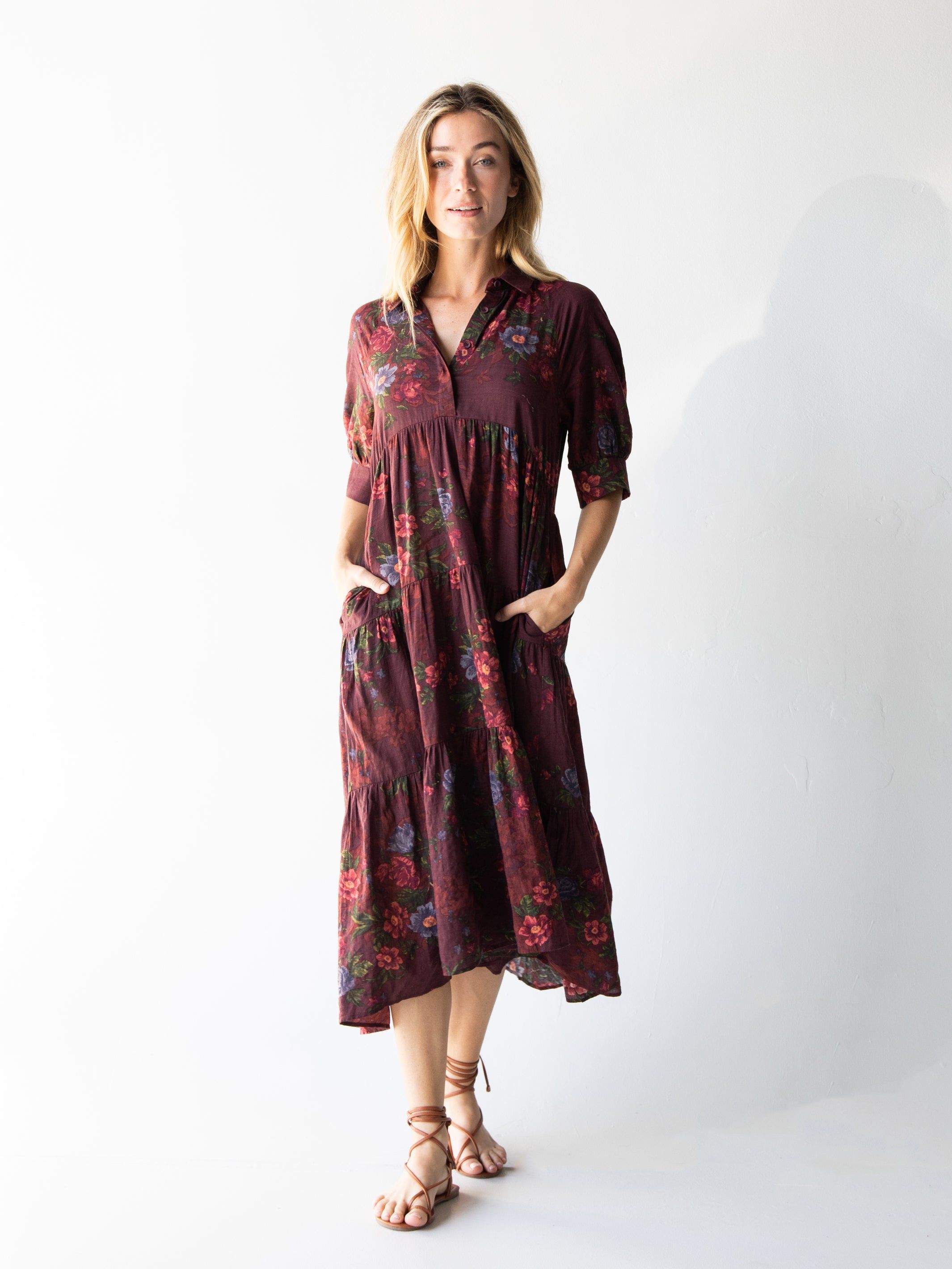 Rebecca Tiered Midi Dress - Cotton Burgundy Floral sold by NATURAL LIFE