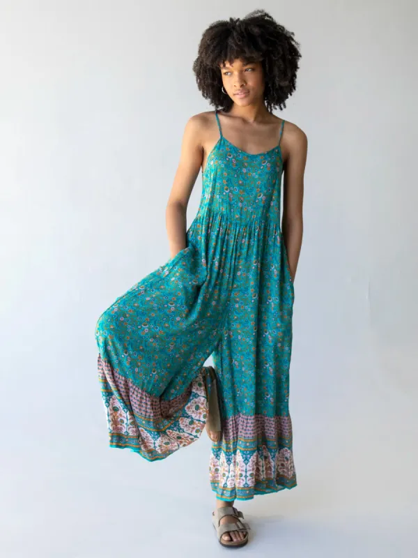 Zoe Wide-Leg Jumpsuit - Turquoise Cream Border sold by NATURAL LIFE