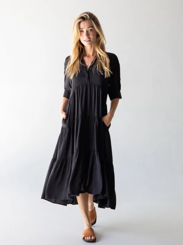 Rebecca Tiered Midi Dress - Black sold by NATURAL LIFE