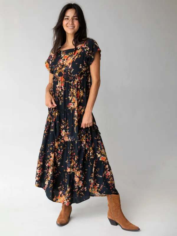 Berkley Maxi Dress - Navy Red Bouquets made by NATURAL LIFE