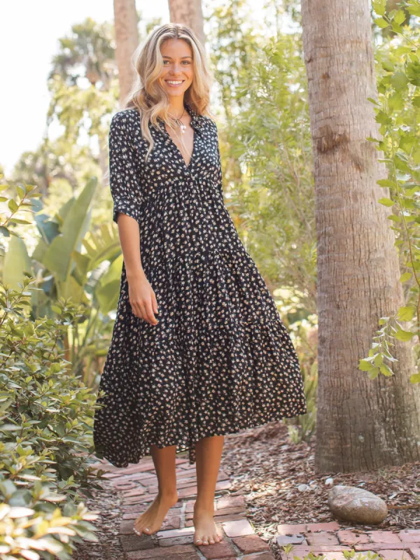 Rebecca Tiered Midi Dress - Black Cream Roses sold by NATURAL LIFE