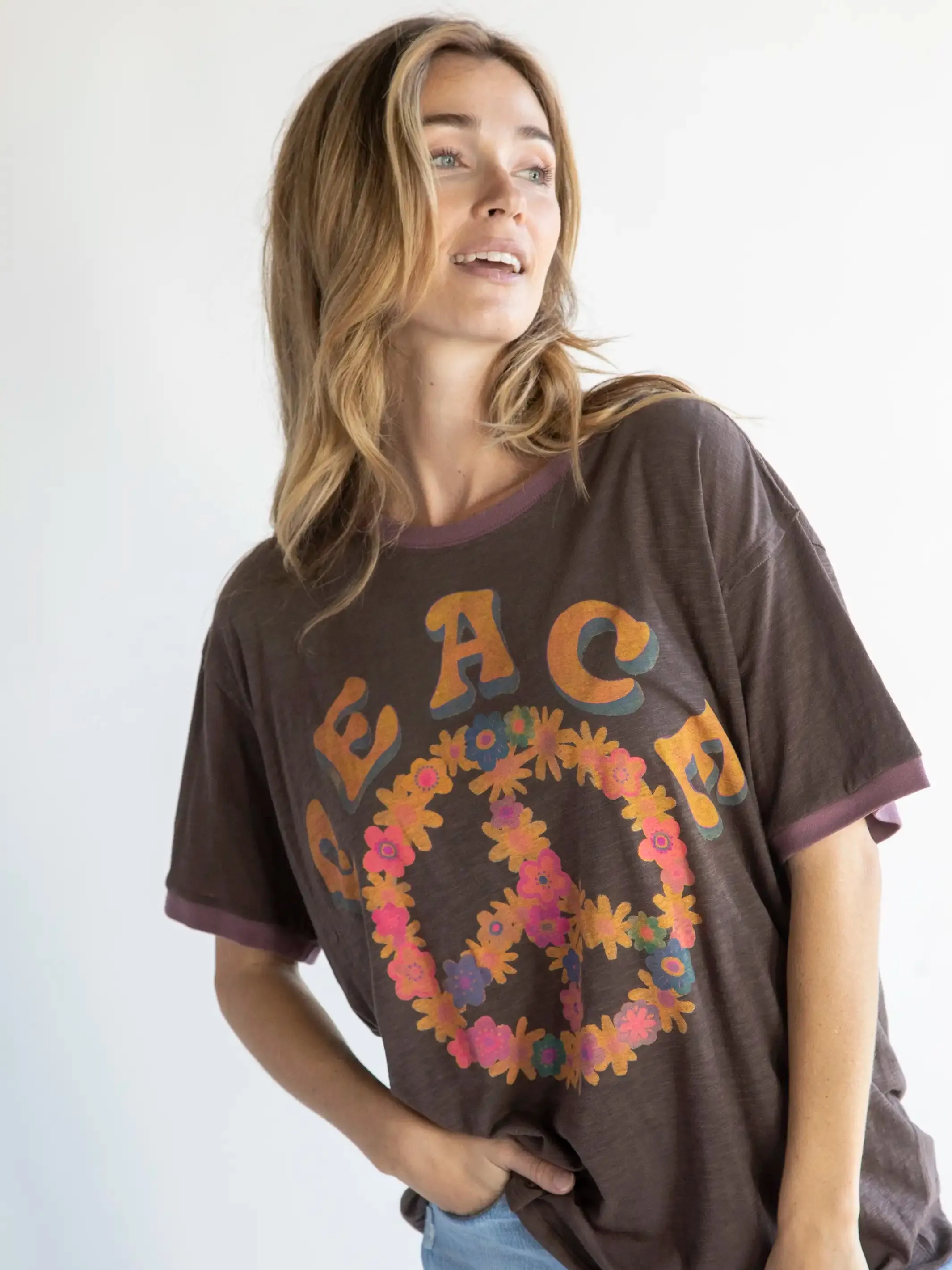Ringer Oversized Tee Shirt - Peace sold by NATURAL LIFE product image thumbnail 3
