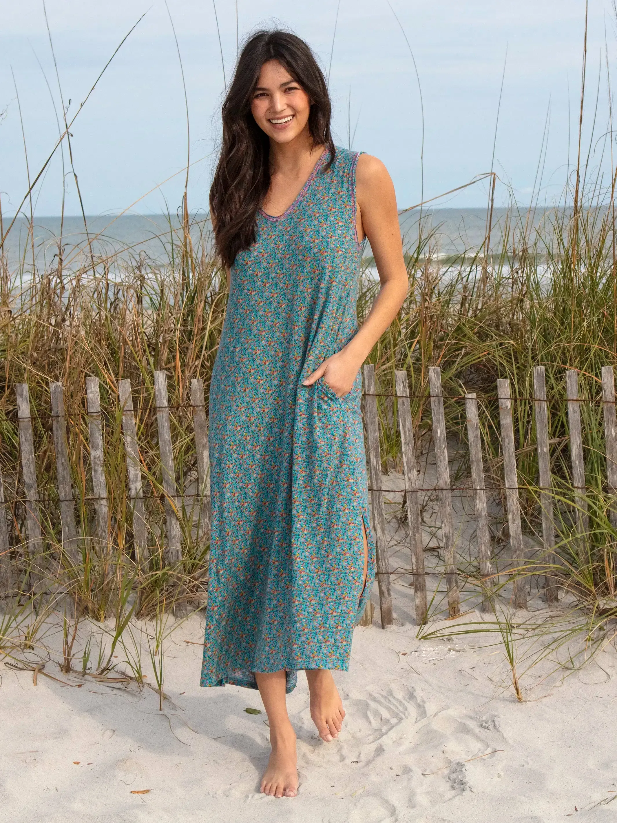 Hangout Knit Midi Dress - Turquoise Pink Floral sold by NATURAL LIFE