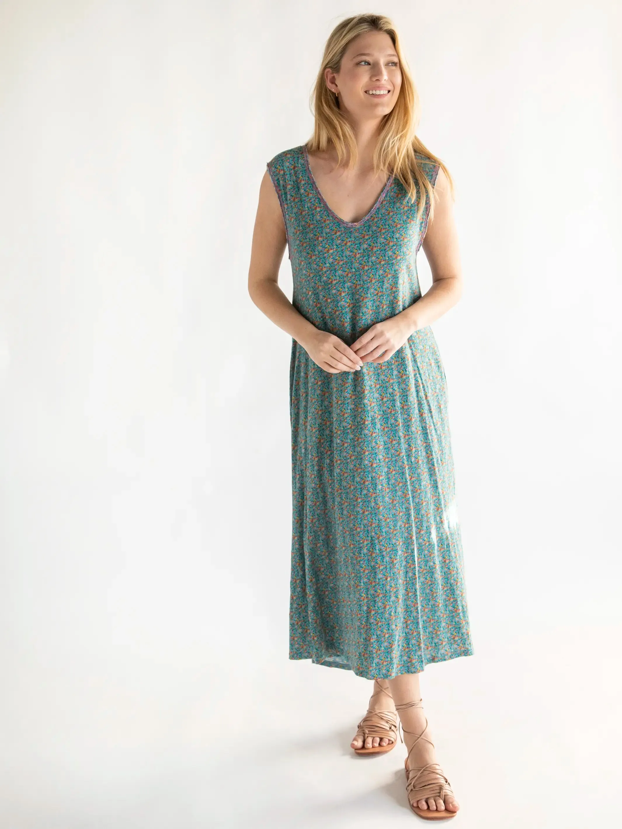 Hangout Knit Midi Dress - Turquoise Pink Floral sold by NATURAL LIFE product image thumbnail 3