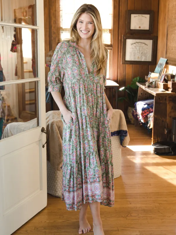 Rebecca Tiered Midi Dress - Light Green Floral Border sold by NATURAL LIFE