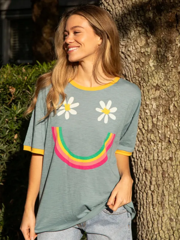 Ringer Oversized Tee Shirt - Dusty Blue Smiley sold by NATURAL LIFE
