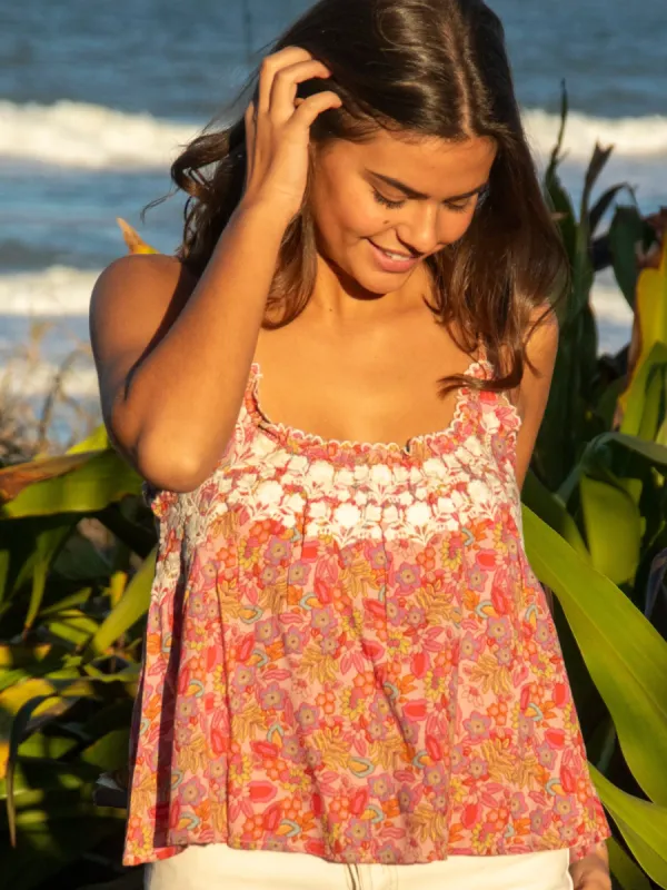 Embroidered Harley Top - Pink Leafy Floral sold by NATURAL LIFE