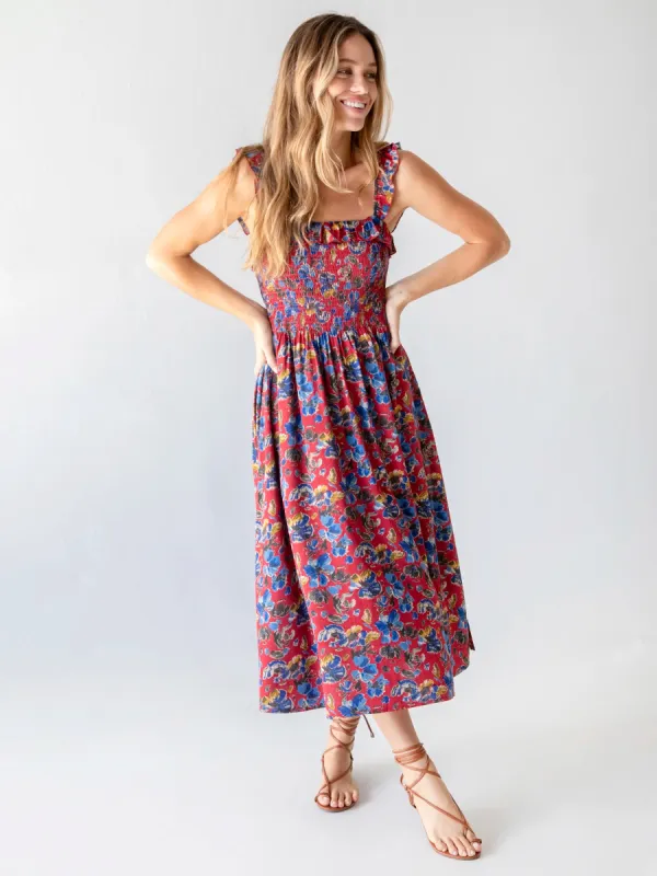 Megan Smocked Midi Dress - Red Blue Floral sold by NATURAL LIFE