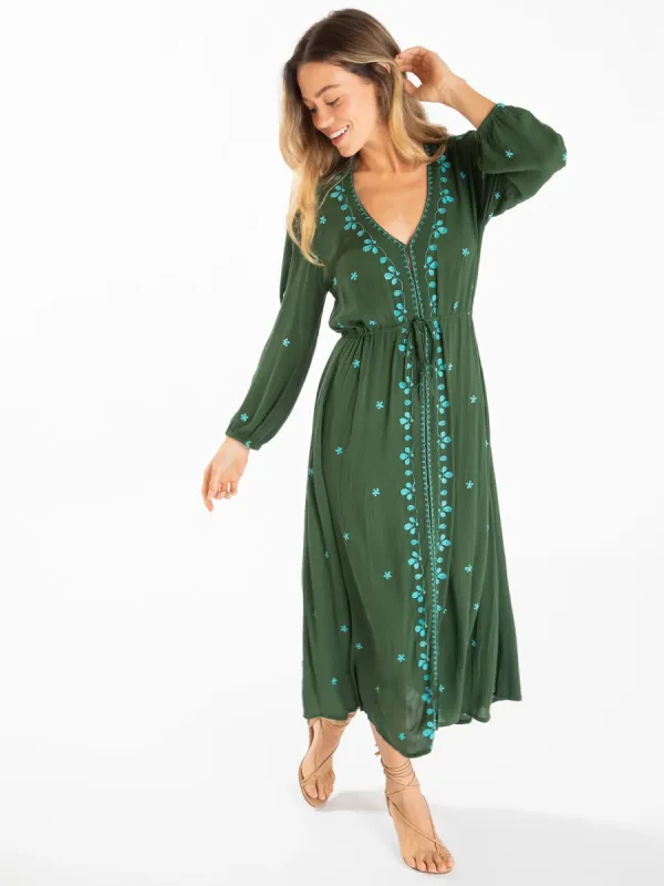 Brae Embroidered Midi Dress - Dark Sage sold by NATURAL LIFE