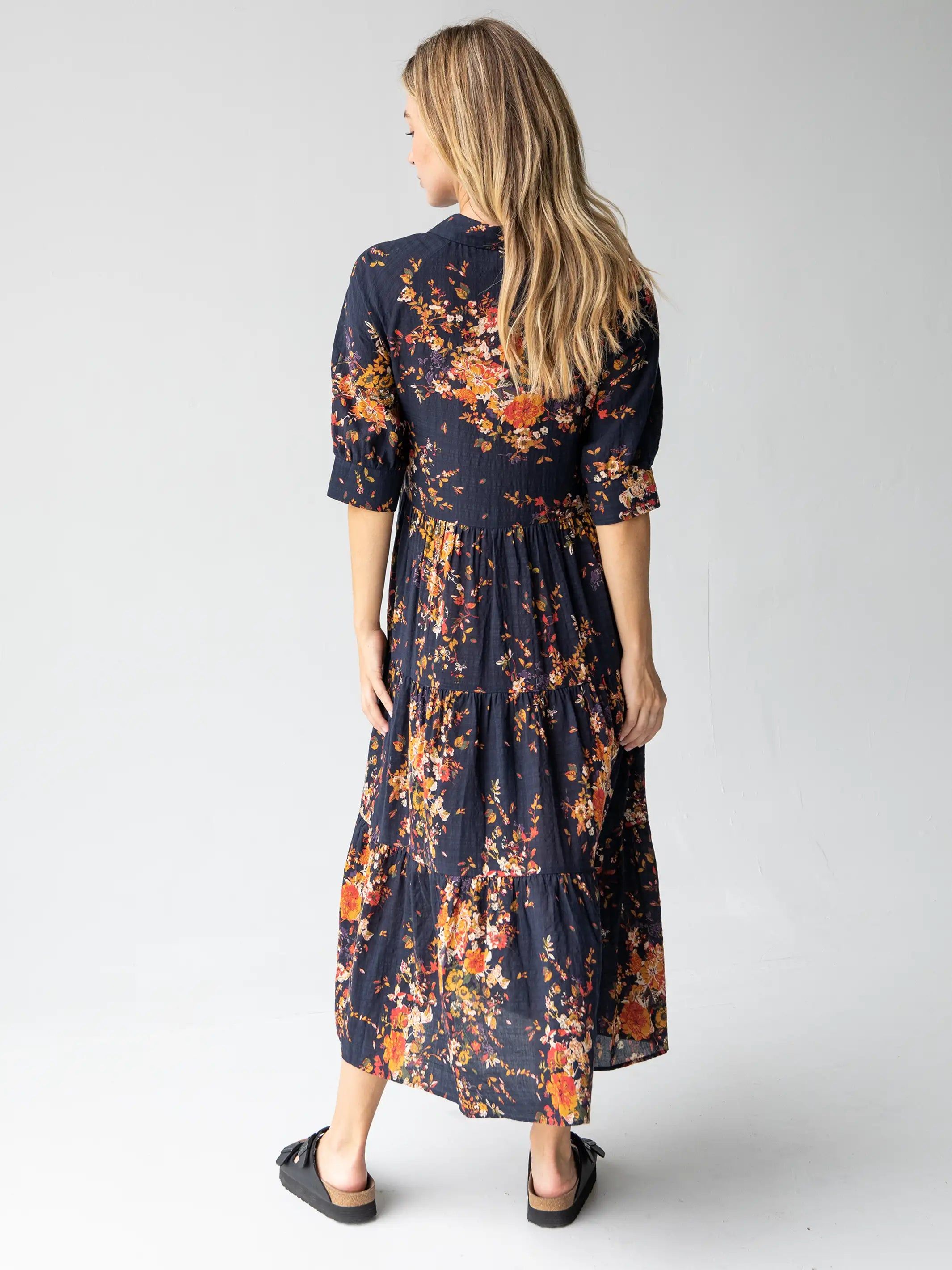 Rebecca Tiered Midi Dress - Cotton Navy Red Bouquets sold by NATURAL LIFE product image thumbnail 6