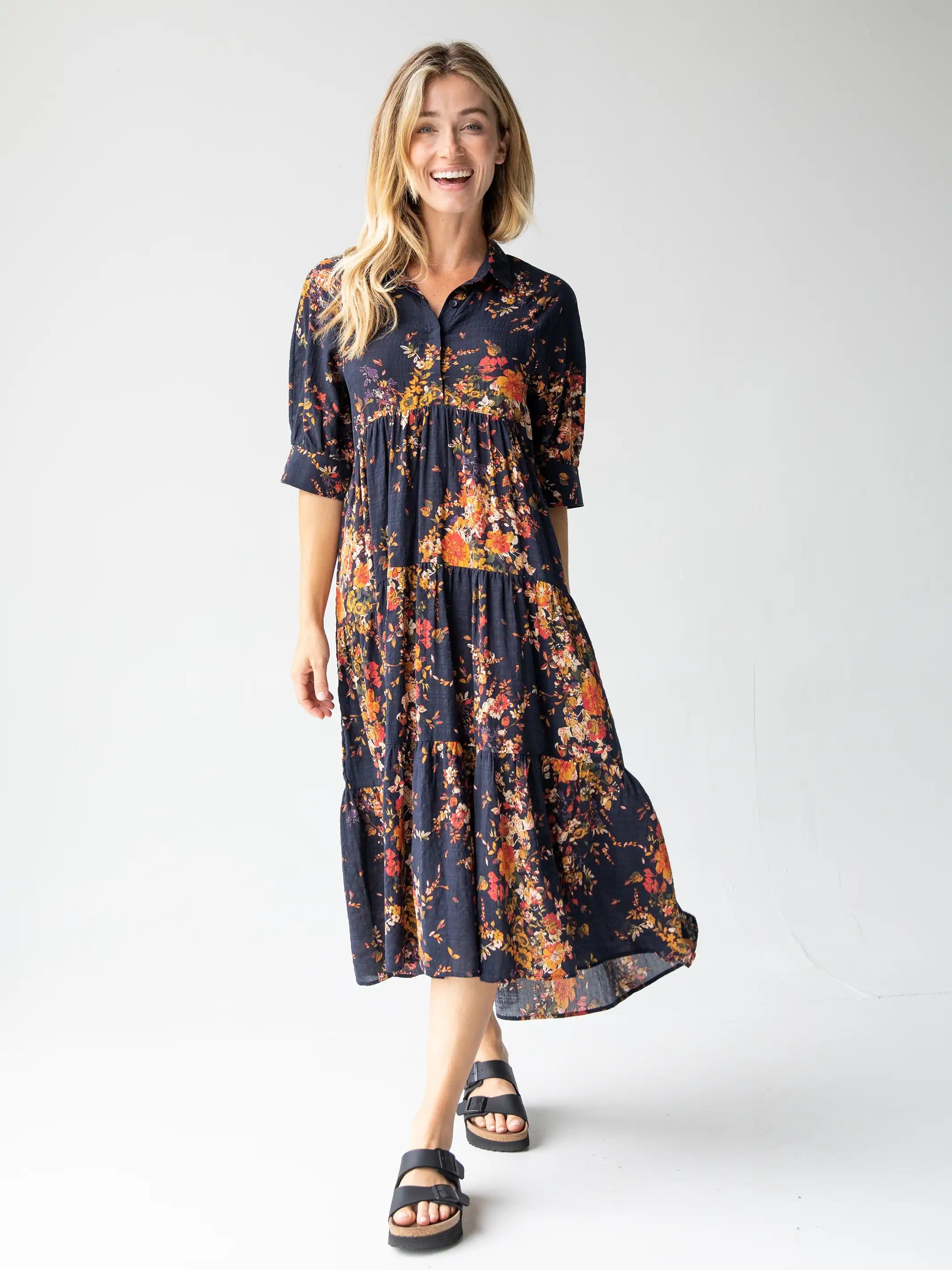 Rebecca Tiered Midi Dress - Cotton Navy Red Bouquets sold by NATURAL LIFE product image thumbnail 3