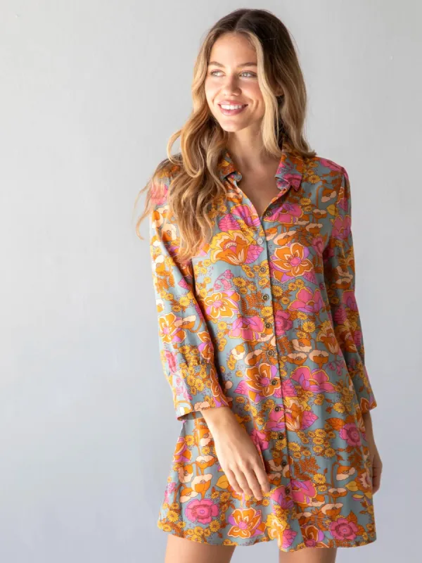 Twiggy Mini Shirt Dress - Grey Pink Floral sold by NATURAL LIFE