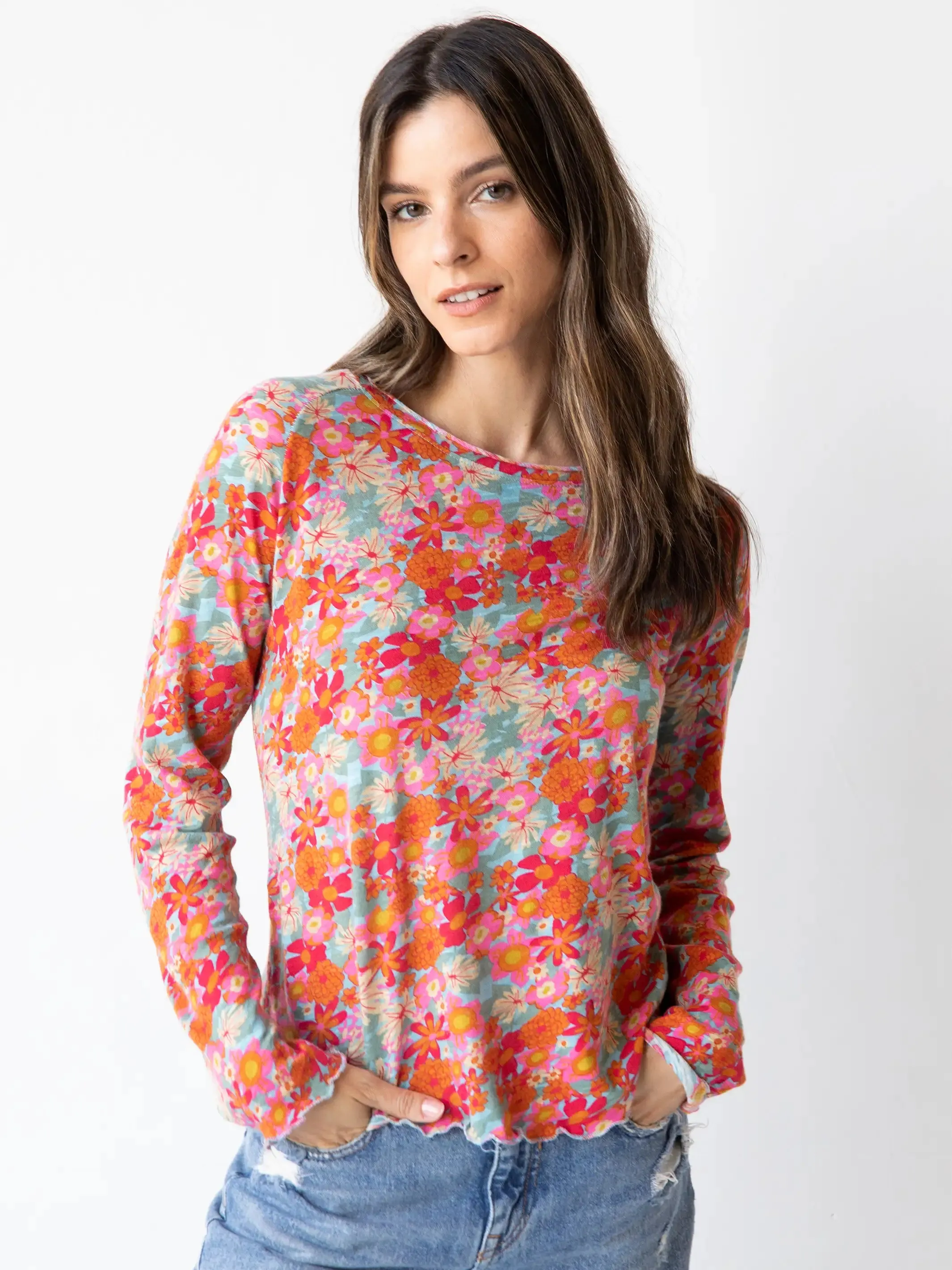 Lily Knit Cotton Long Sleeve Tee Shirt - Pink Red Floral sold by NATURAL LIFE