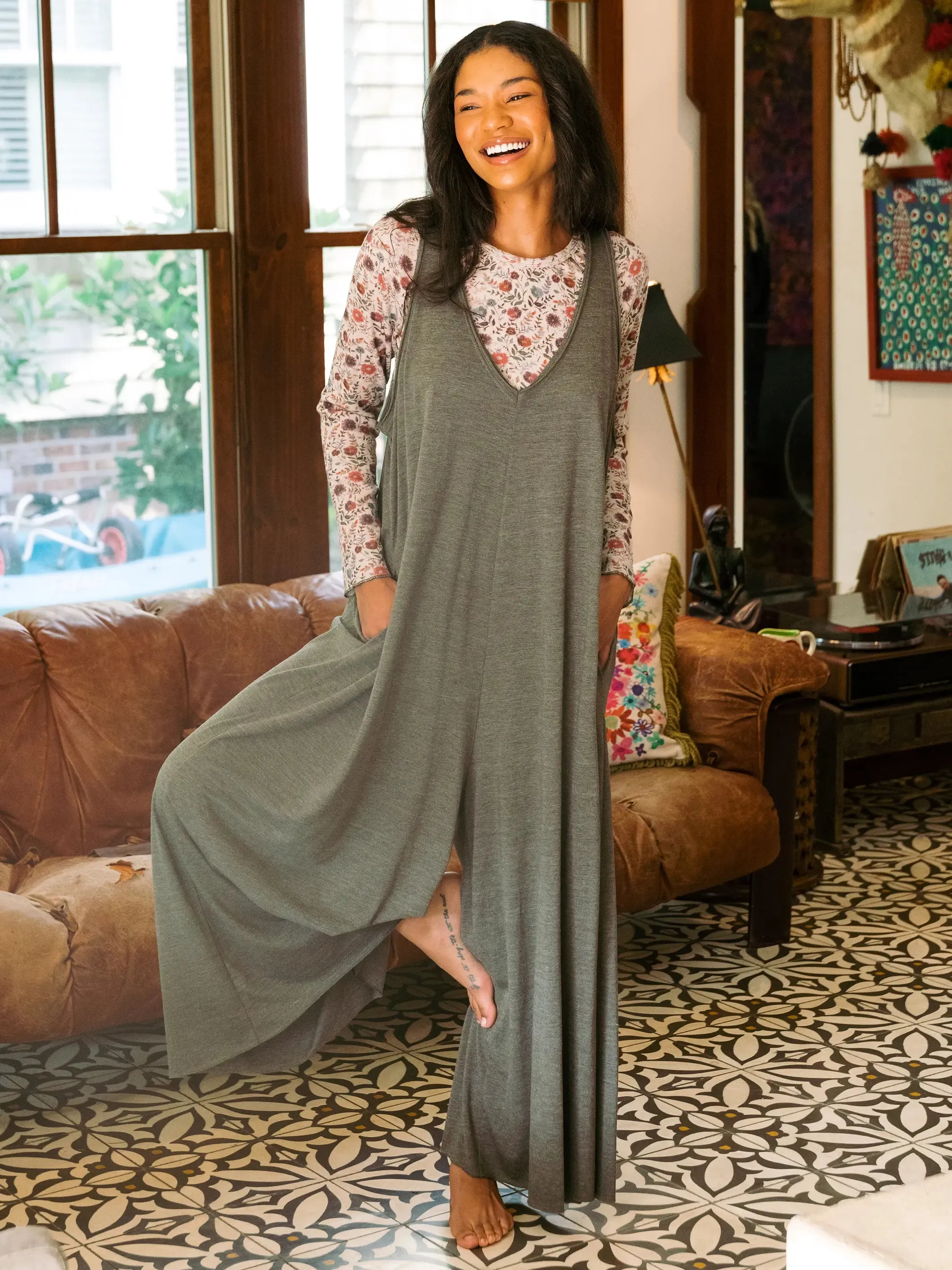 Knit V-Neck Jumpsuit - Olive sold by NATURAL LIFE