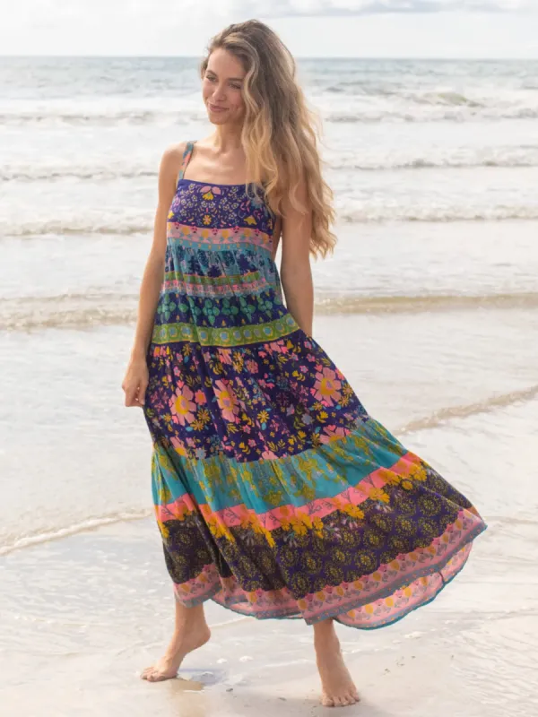 Patricia Maxi Dress - Navy Turquoise Border sold by NATURAL LIFE