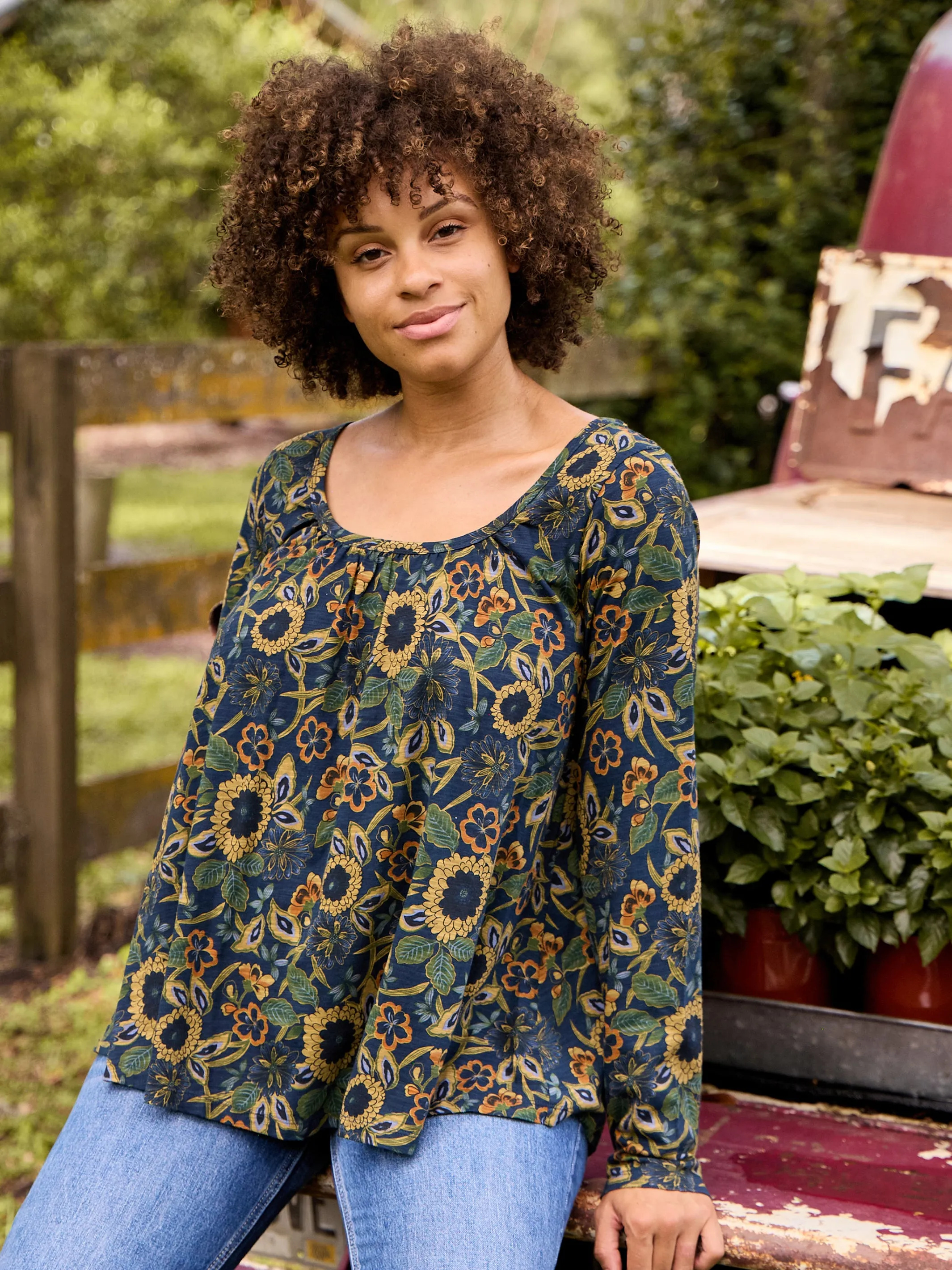 Long Sleeve Iris Top - Navy Tan Dahlias sold by NATURAL LIFE product image thumbnail 5