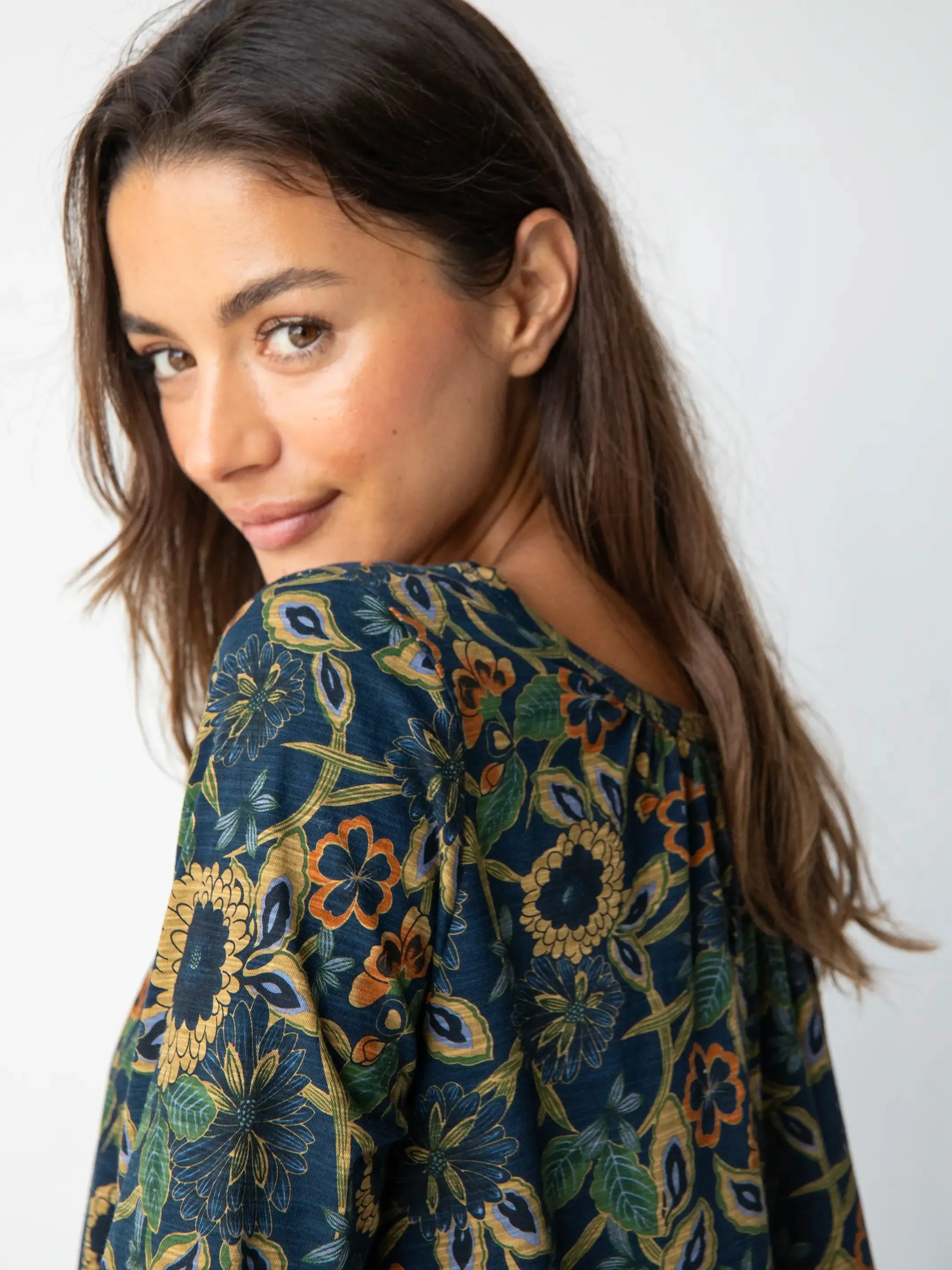 Long Sleeve Iris Top - Navy Tan Dahlias sold by NATURAL LIFE product image thumbnail 2